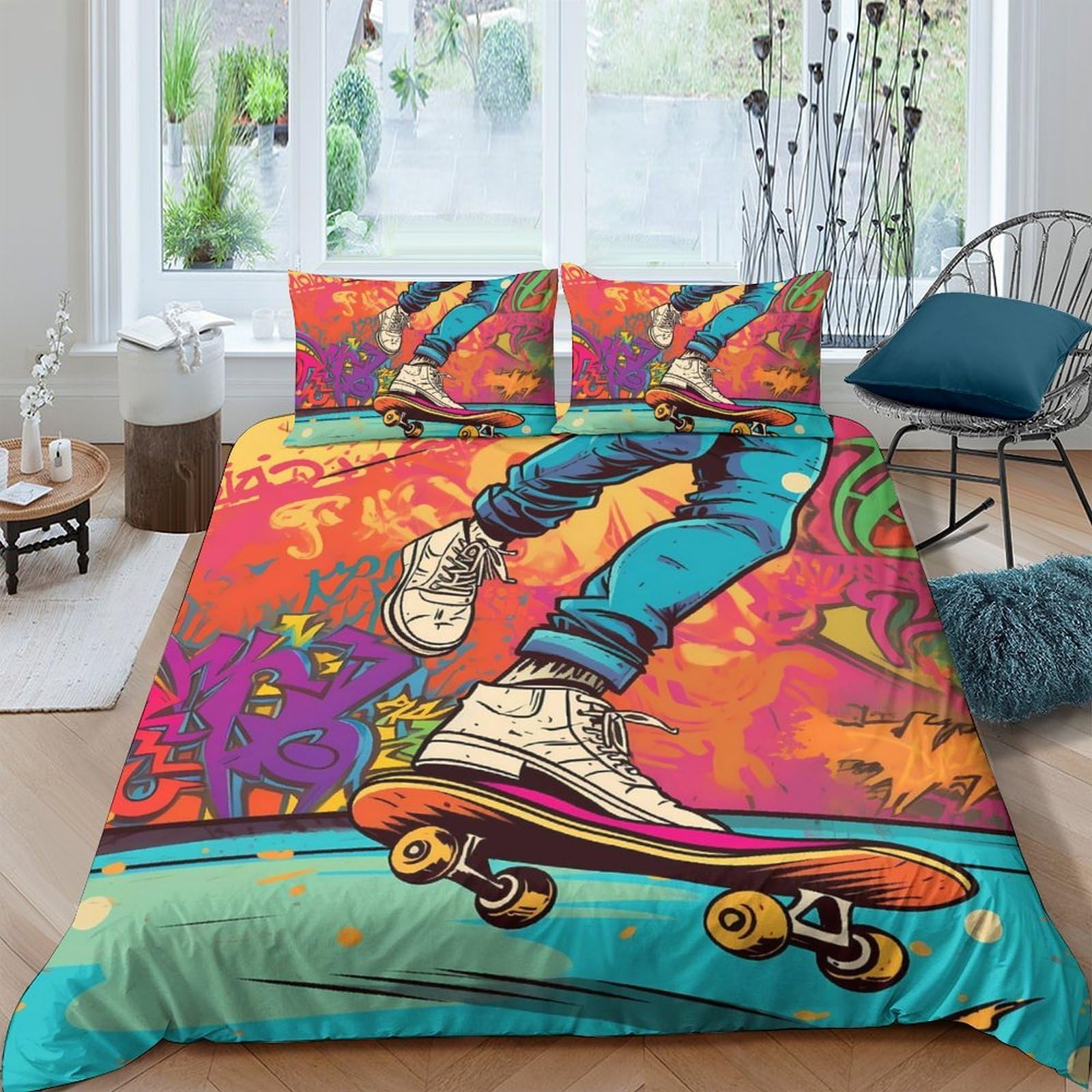 Ctjqhvkz Style-9 3D Printed Skateboard Graffiti Fitted Sheet Microfiber Colorful Art Mattress Cover For Bedroom Guest Room Decor Single（135X200cm）