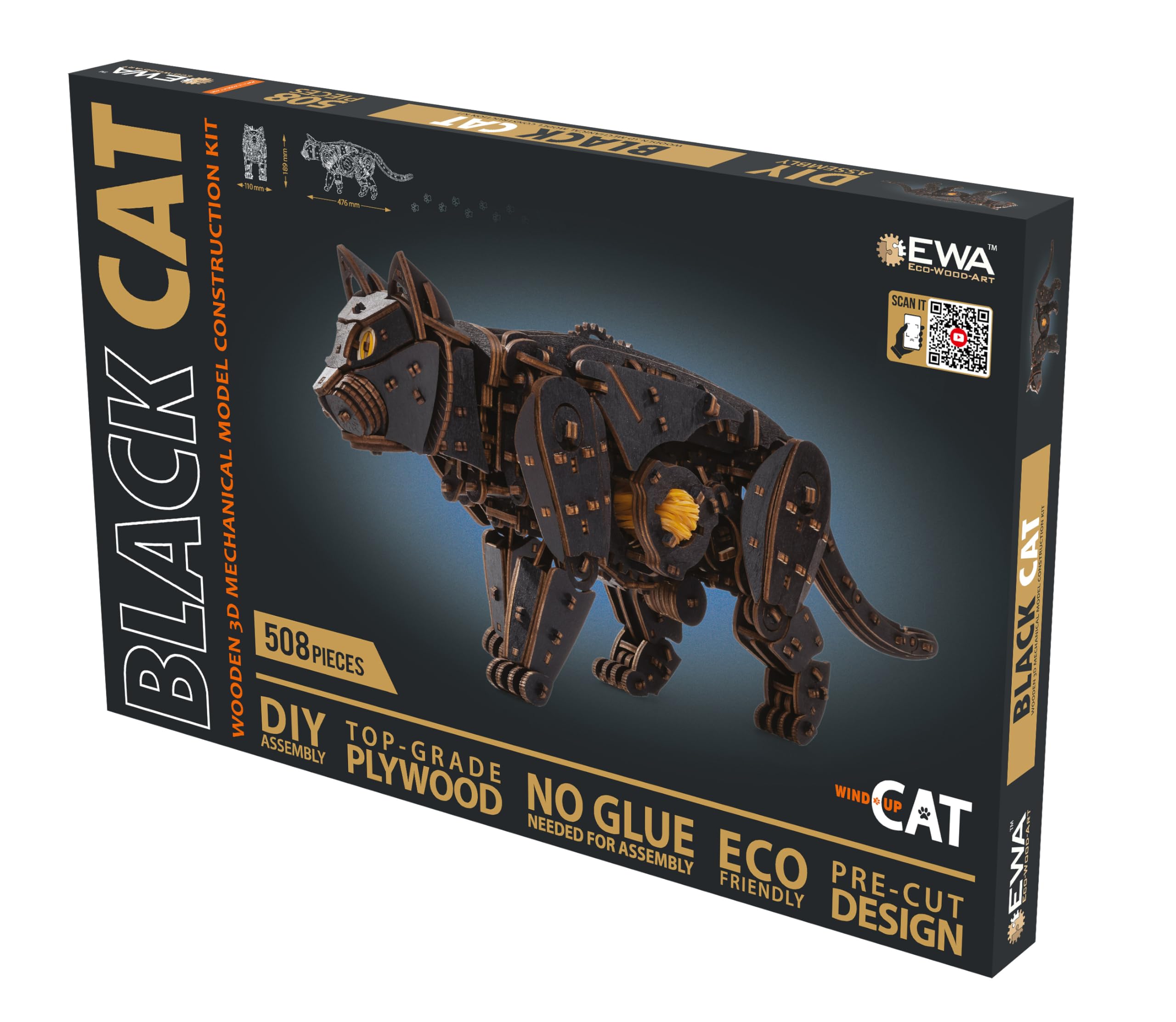 EWA Eco-Wood-Art Puzzle en Bois 3D pour Adolescents et Adultes-Chat Noir-Kit de Bricolage, Auto-Assemblage, Pas Besoin de colle-508 pièces, Black Cat