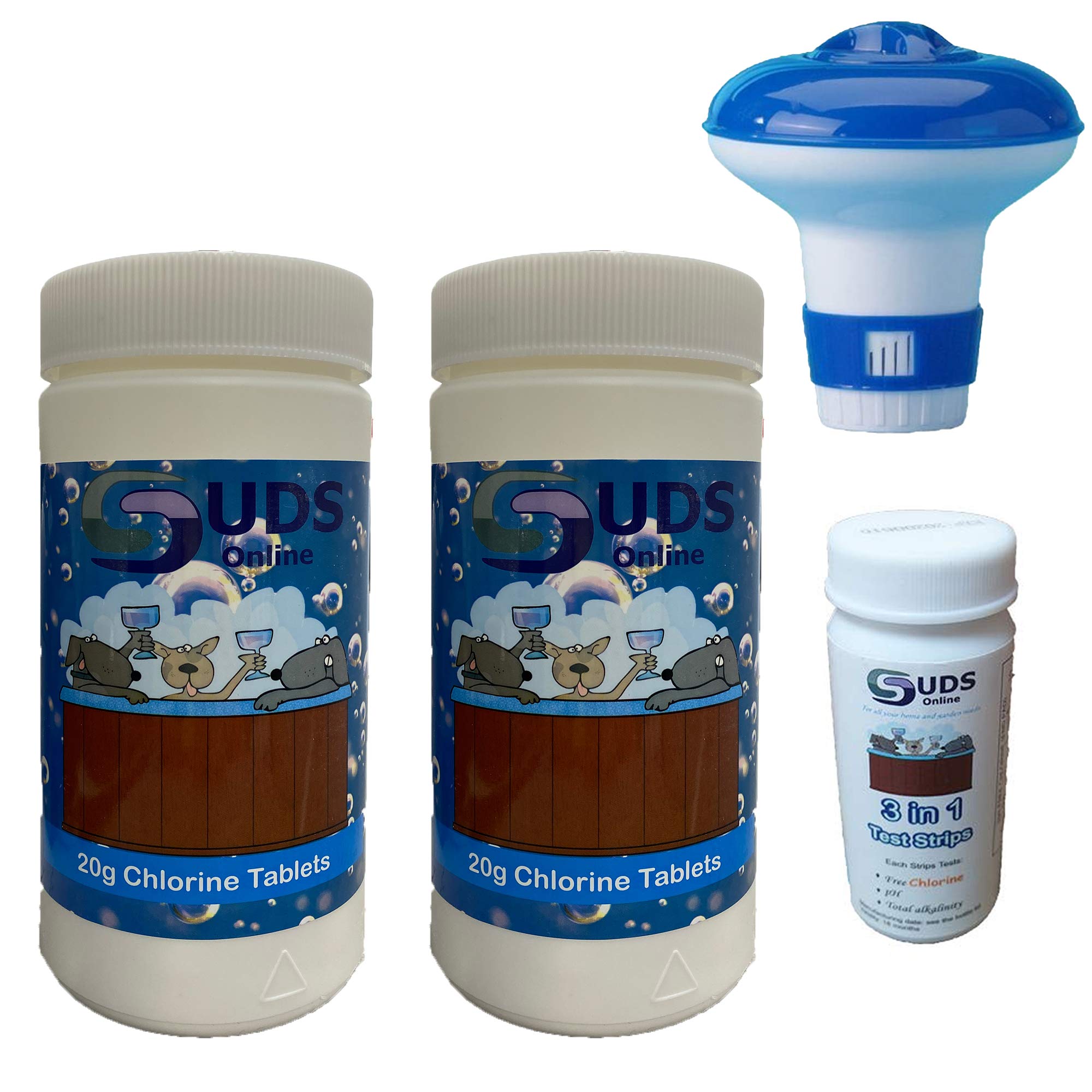 Suds-Online 100 Chlorine Tablets 20G + Test Strips + Floating Dispenser