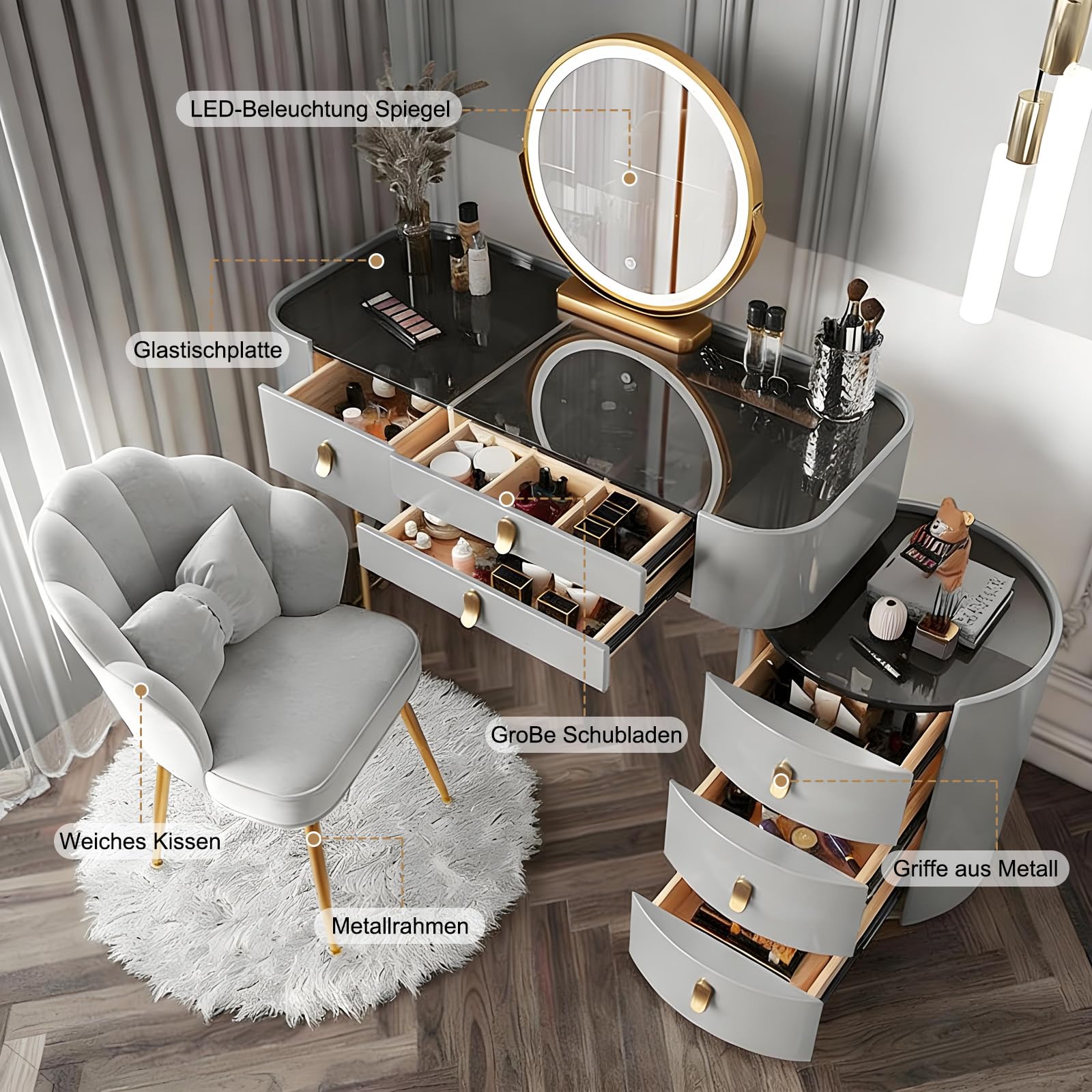 Schminktisch mit Spiegel und Stuhl, Luxuriöser Grau Frisiertisch mit Vergoldete Griffe, 100cm Kosmetiktisch mit 6 Schubladen & Seitenschrank für Schlafzimmer, PU-Leder