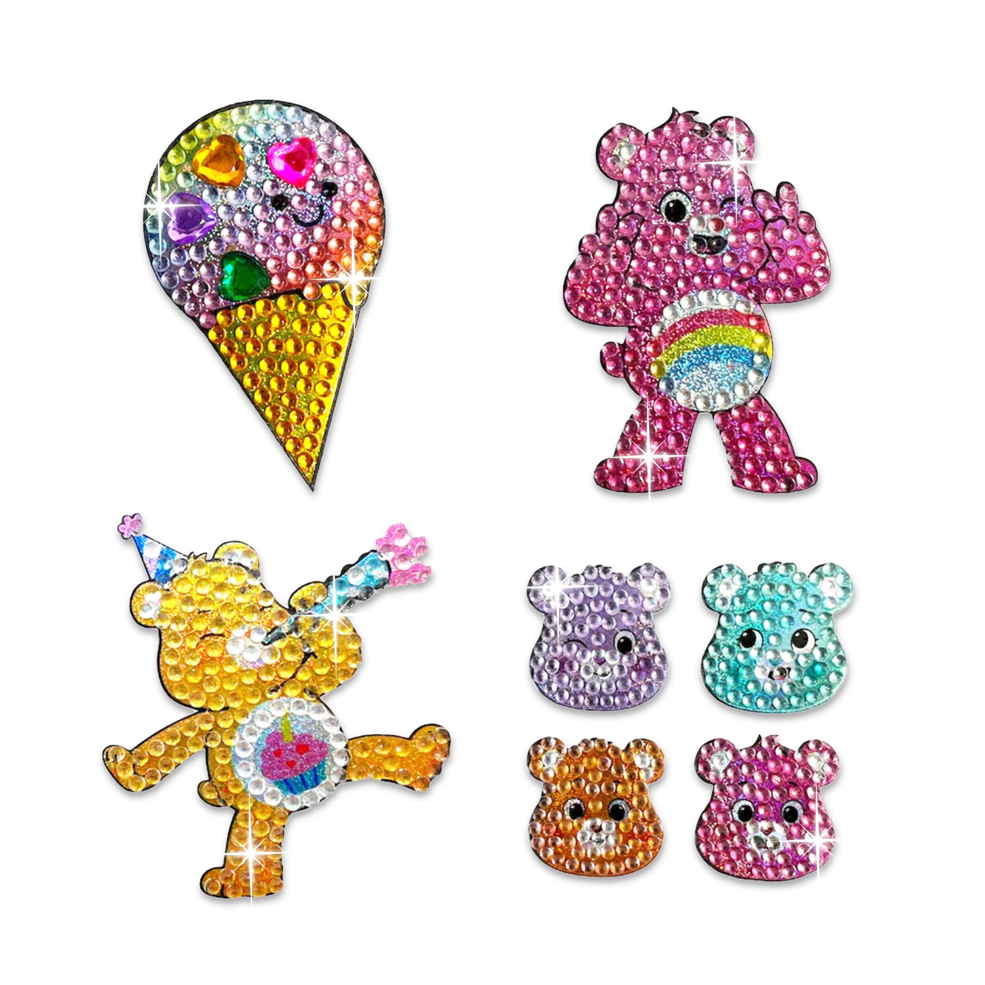 StickerBeans® Rhinestone Stickers - Care Bear II Collection 4-Pack, 2” x 2” Each, Unique Sparkly Cut-to-Shape for Collecting, Trading, Decorating