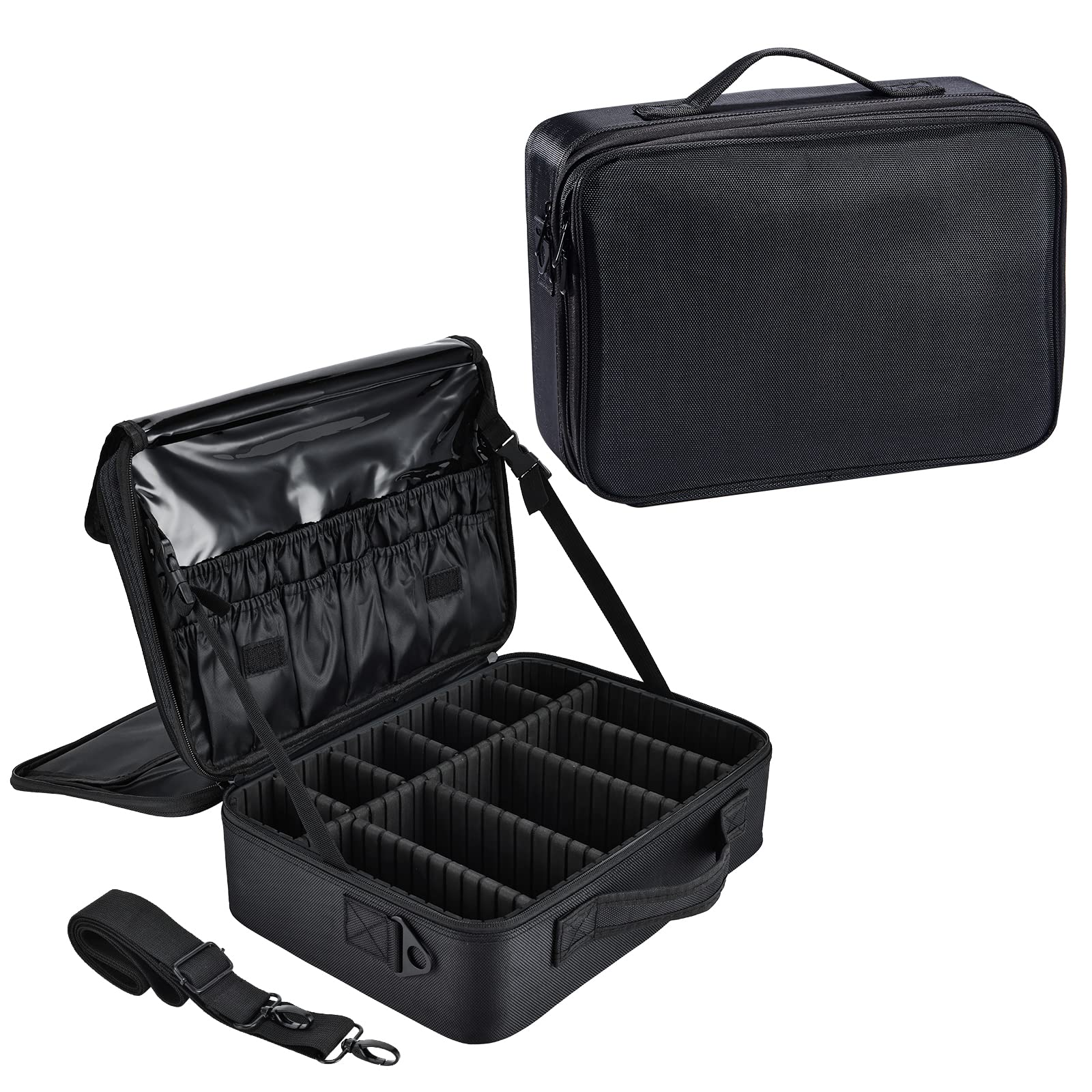 Joligrace Beauty case professionale in tessuto Oxford extra large con tracolla posteriore rimovibile, beauty box, strumenti da parrucchiere, organizer con specchio, Doubletiers Nero, Medium