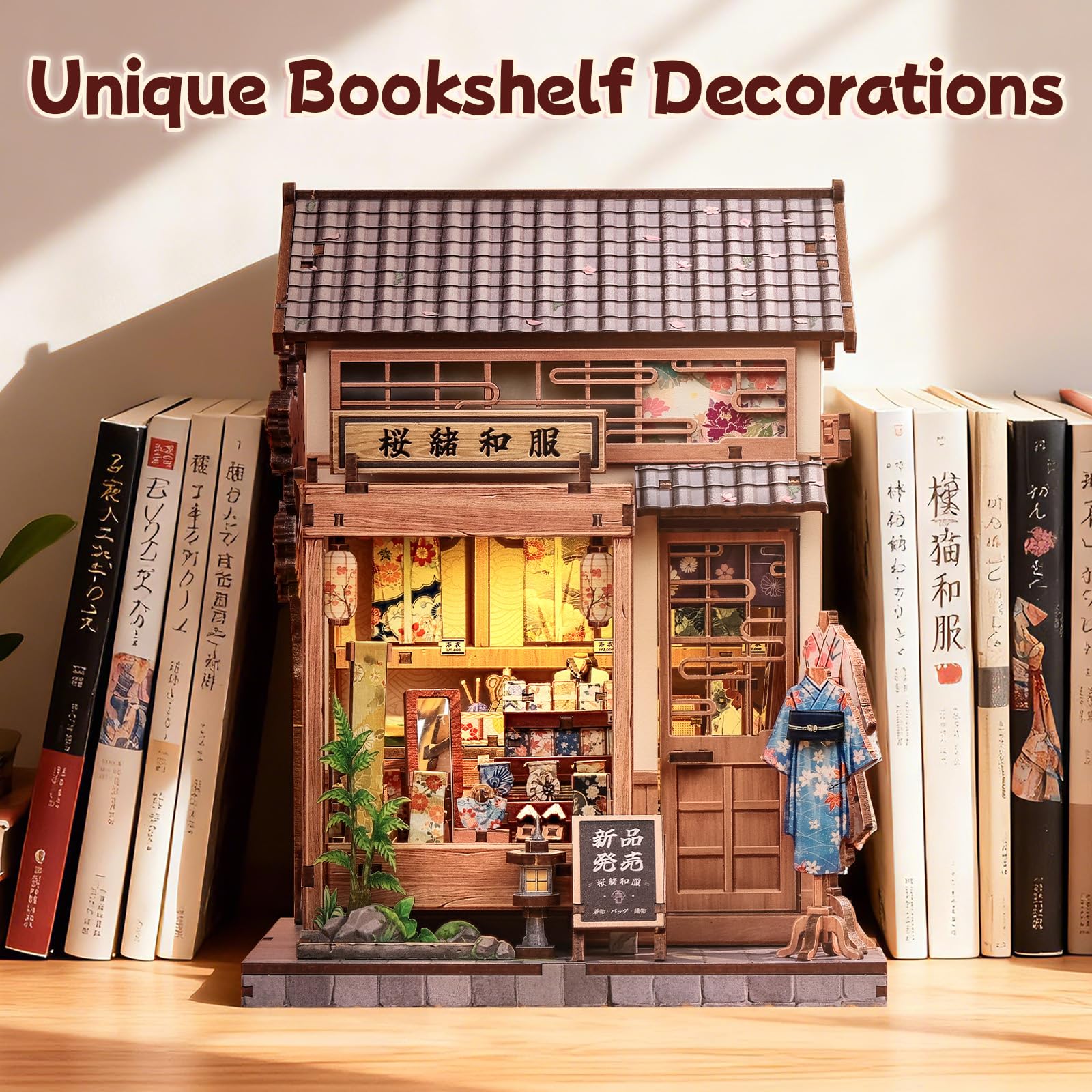 Fsolis Kit de rincón de libros, casa de muñecas japonesa en miniatura, kit de manualidades de madera 3D para adultos, decoración de estanterías, regalo (Sakura O kimono Shop)