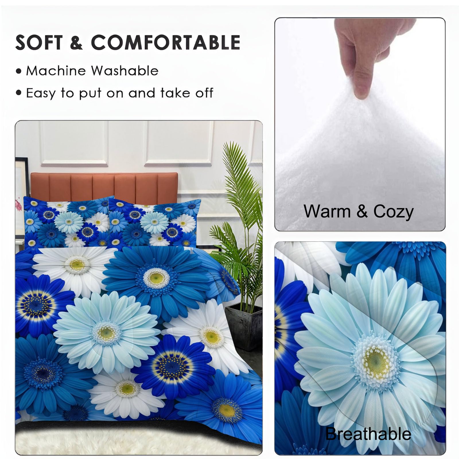 Trapunta Invernale Letto Matrimoniale 240X220 Cm Fantasia Floreale Sfumata Realistica Gerbera Naturale, Piumino Reversibile In Morbida Traspirante Microfibra, Piumone Lavabile Blu