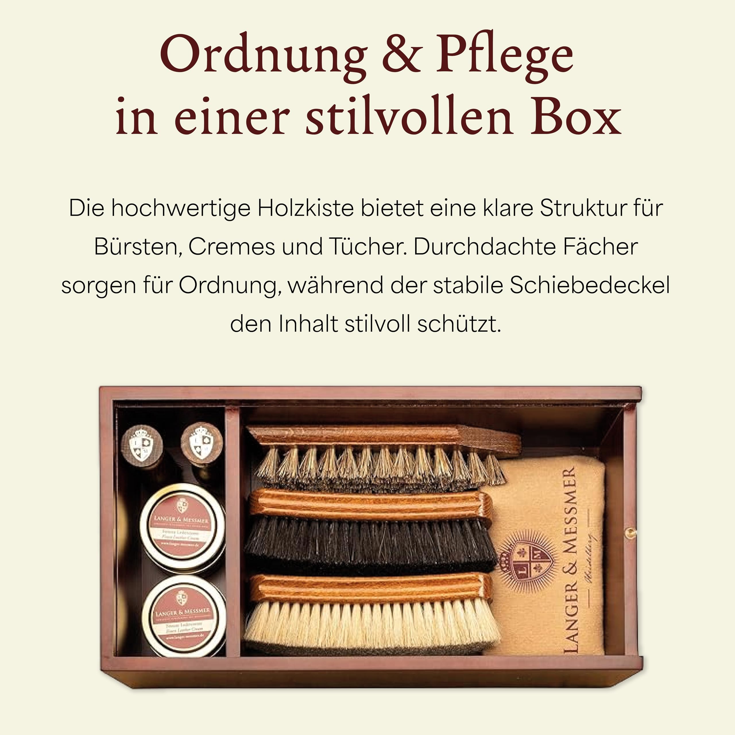 Langer & Messmer – Schuhputzkiste Mannheim aus Holz mit 2 Fächern – ohne Inhalt oder mit mehrteiligem Pflegeset erhältlich – Schuhputzbox zur Aufbewahrung diverser Schuhpflegemittel