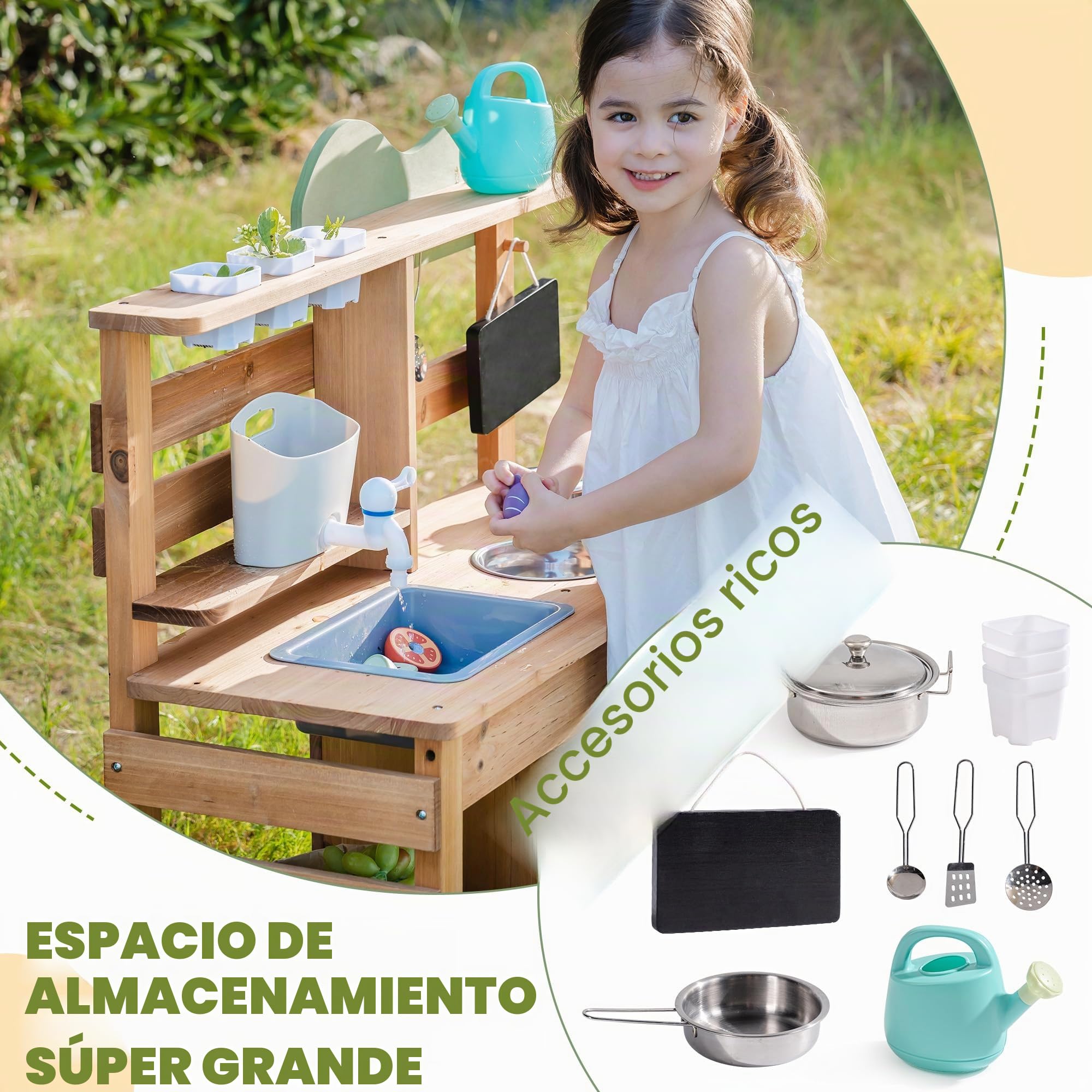 ROBUD Cocina de barro para niños al aire libre, cocina de juguete de madera con grifo auténtico, hervidor de agua, macetero, horno, pizarra, cocina infantil, regalo de madera para niñas y niños a