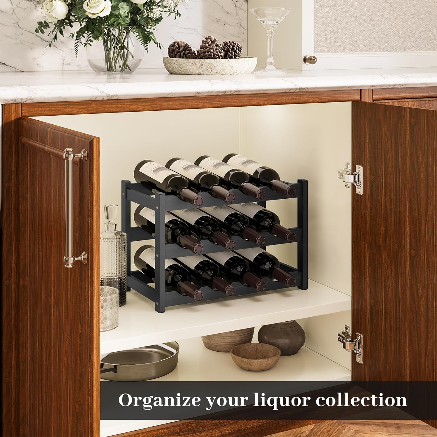 Wine Rack,Bamboo Wine Storage Cabinet Shelf,Countertop Wine Shelf- Freestanding Wine Holder for Kitchen & Pantry (Black, 3-Tier) - Image 4