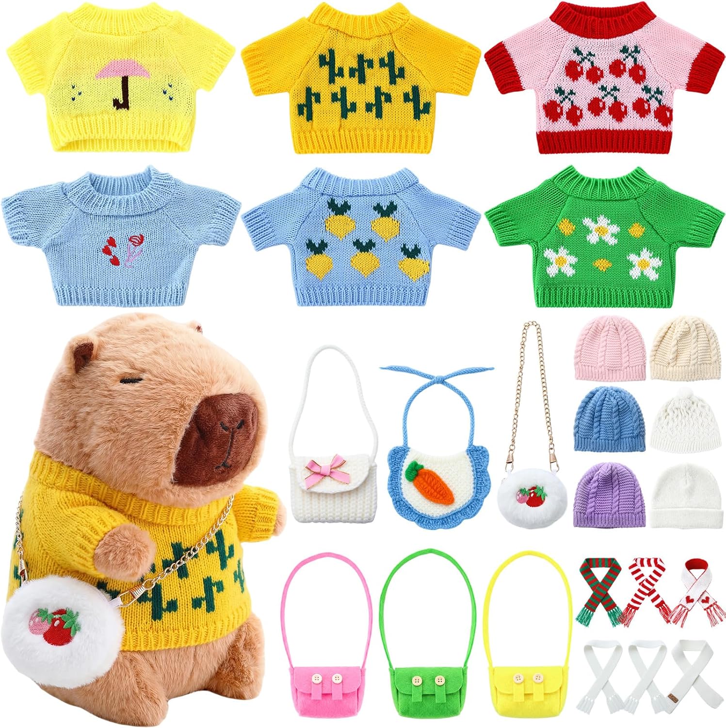Soulchen 11 Inch Capybara Plush with 24 Pcs Spring Clothes & Accessories Cute Capybara Stuffed Animal Plush Dress up Outfits with Hats Sweaters Bags Scarves Birthday Gift, 6 Style