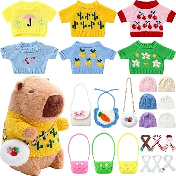 Soulchen 11 Inch Capybara Plush with 24 Pcs Spring Clothes & Accessories Cute Capybara Stuffed Animal Plush Dress up Outfits with Hats Sweaters Bags Scarves Birthday Gift, 6 Style