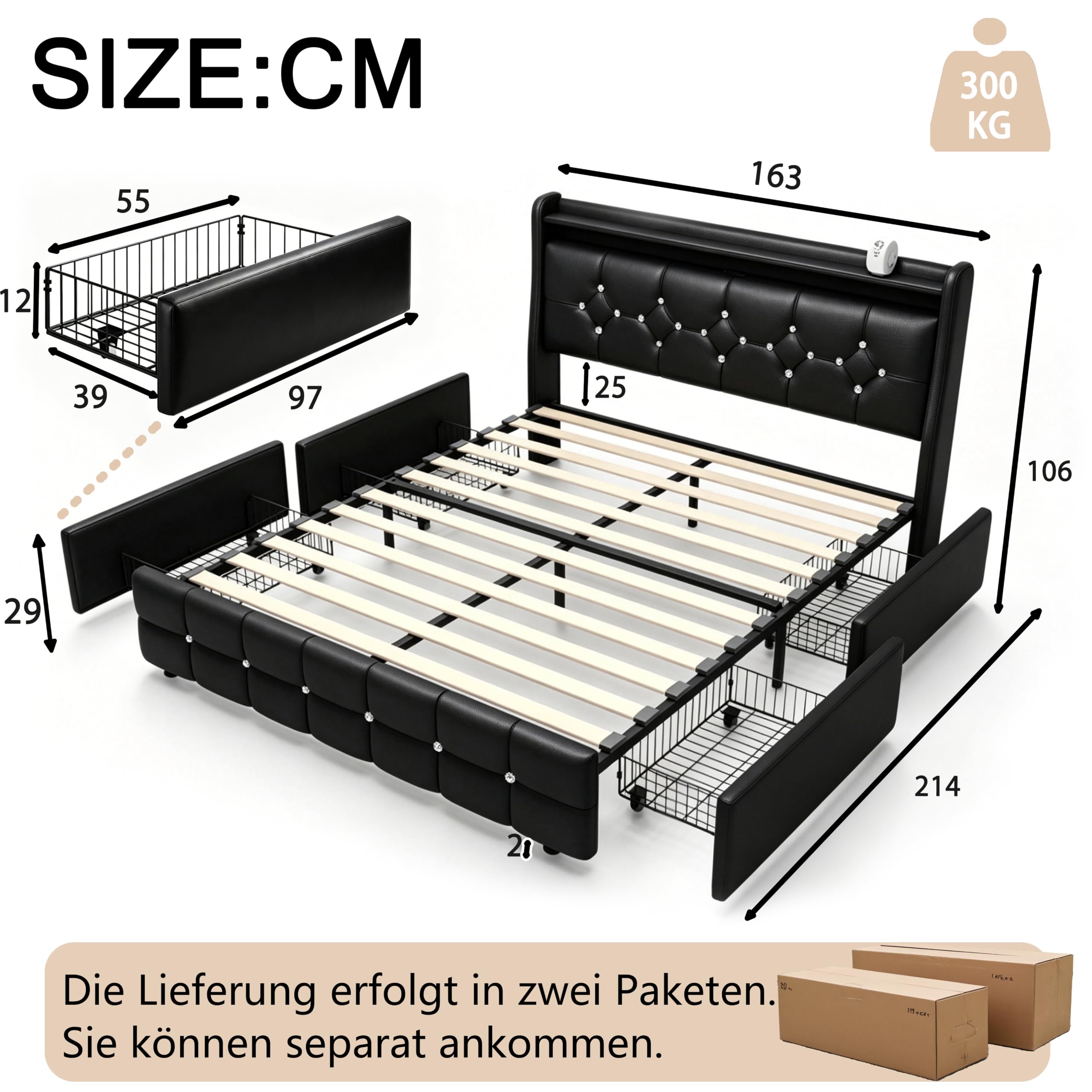Schwarzer Bettrahmen mit Star-Projektor 160 x 200 cm, Leder | USB- & Type-C-Anschlüsse, gepolstertes Bett, Bluetooth-Star-Projektor, Lattenrost, Stauraum-Schubladen