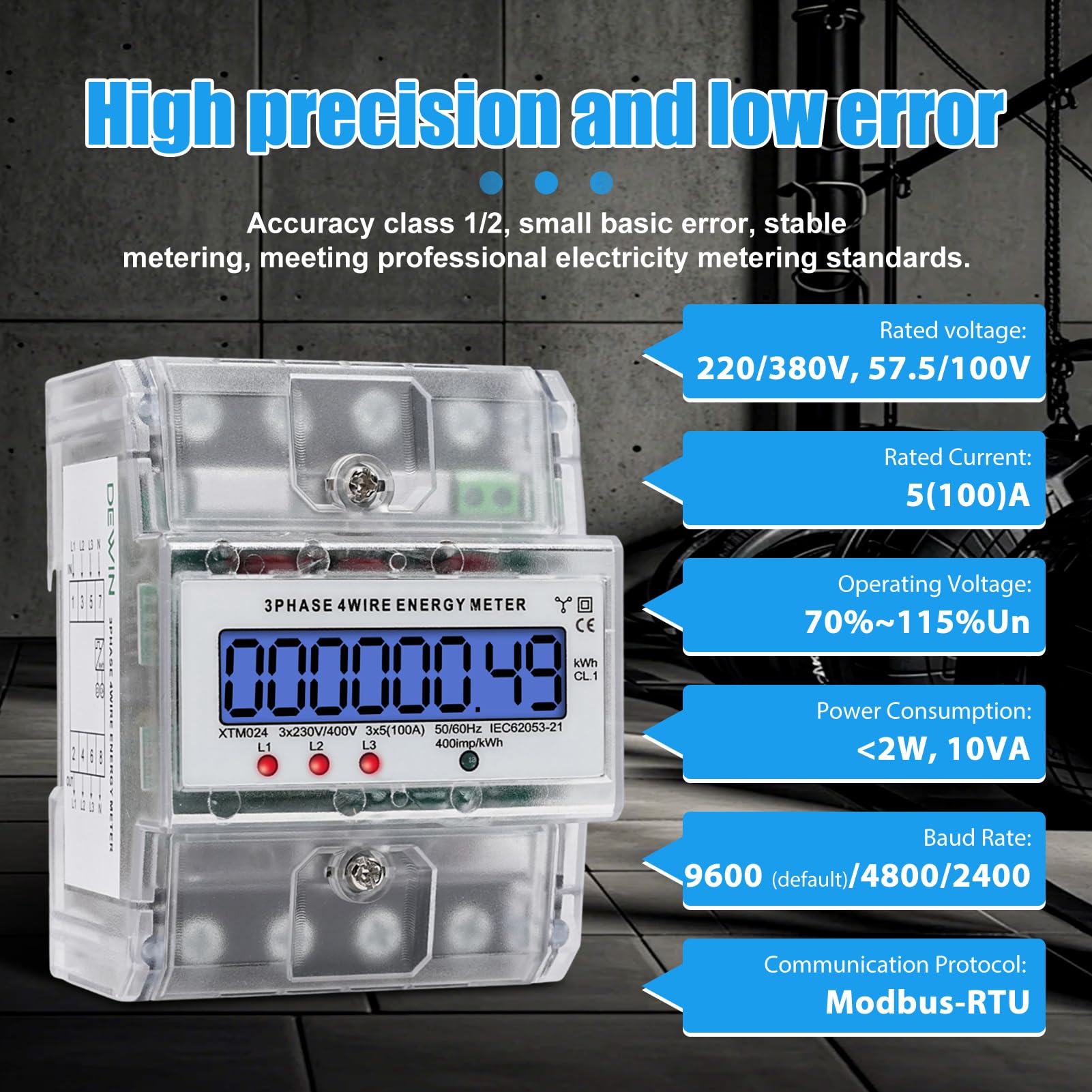 Contatore Energia Elettrica Trifase a 4 fili, Misuratore di Consumo Elettrico Trifase 220/380V 5(100)A Contatore Elettrico Trifase Digitale LCD su Guida DIN per Monitorare la Potenza Attiva, 5(100)A