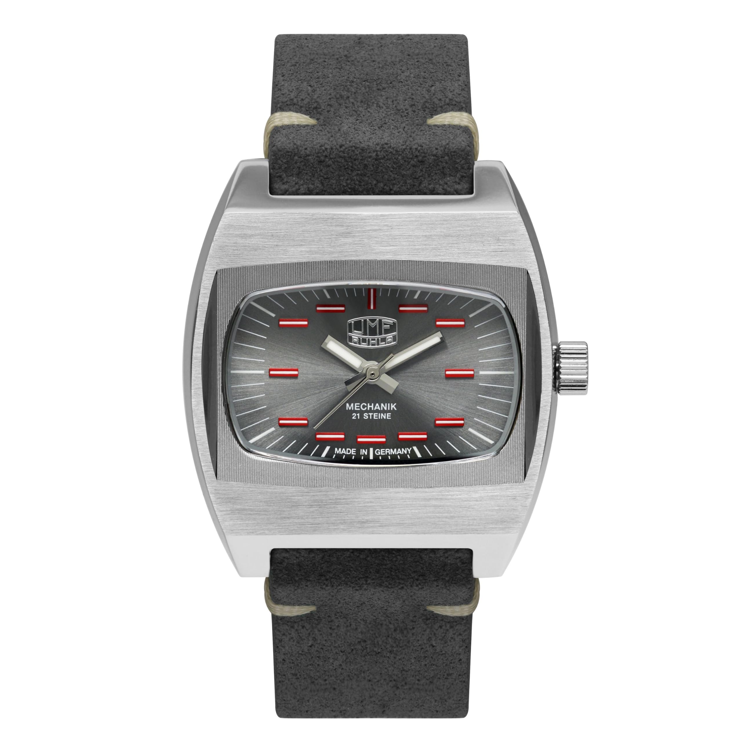 UMF RUHLA Zaria Mechanik Montre pour homme Gris – Édition limitée 499 | Remontage manuel calibre Zaria 2009B - Verre saphir - Boîtier en acier inoxydable avec fond en verre - Bracelet en cuir