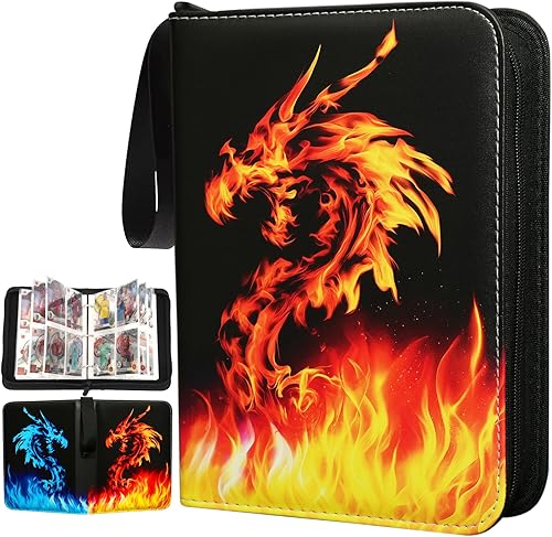 Miniatura 10 de Carpeta de tarjetas con diseño de dragón de fuego, carpeta de tarjetas coleccionables de 4 bolsillos con cremallera, capacidad para 440, 55 páginas
