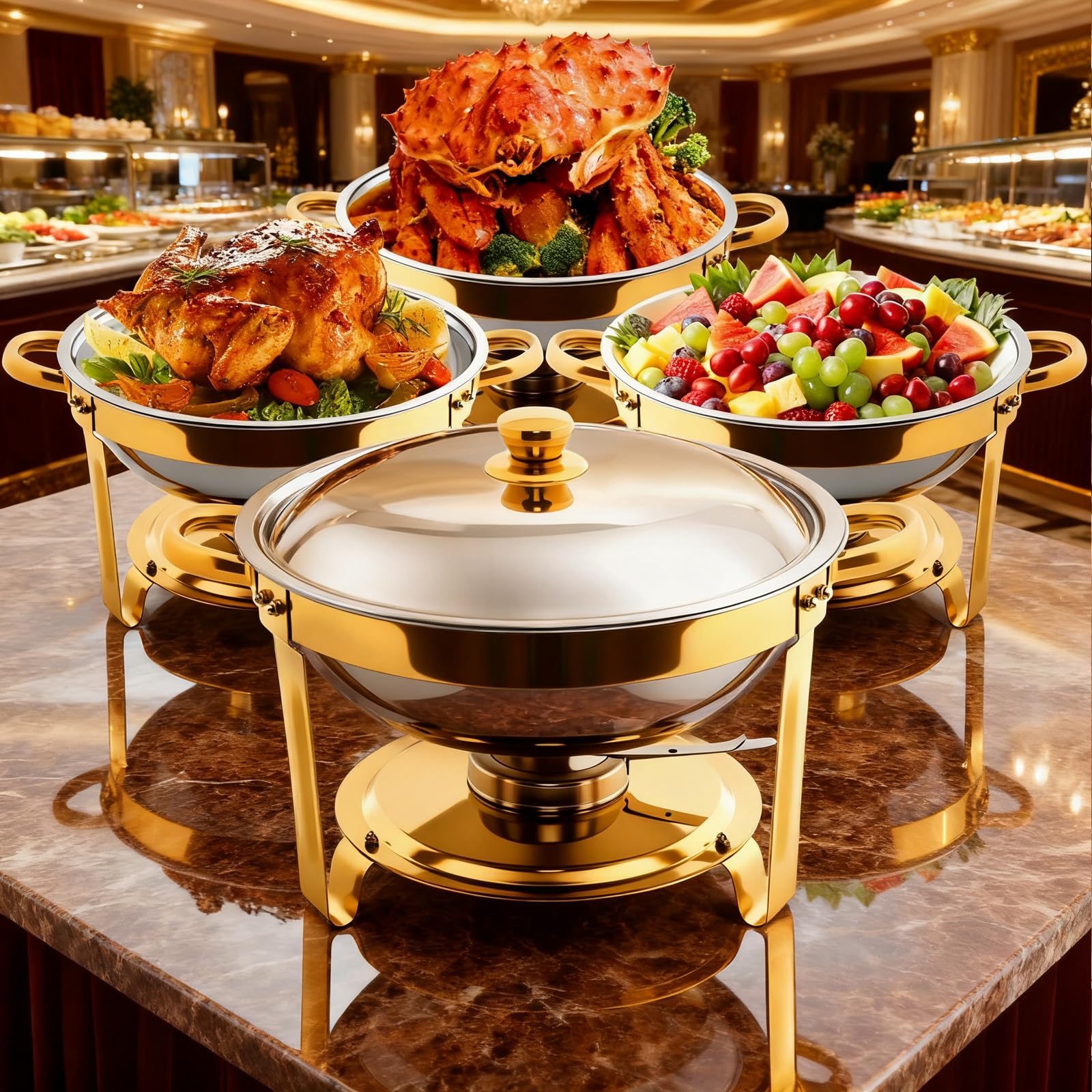 Chafing Dish Buffet Rotondo, 4 Pezzi Buffet per scaldavivande, 5QT Scaldavivande con Portacoperchio, Accessori per Catering e Buffet per Feste, Matrimoni e Eventi