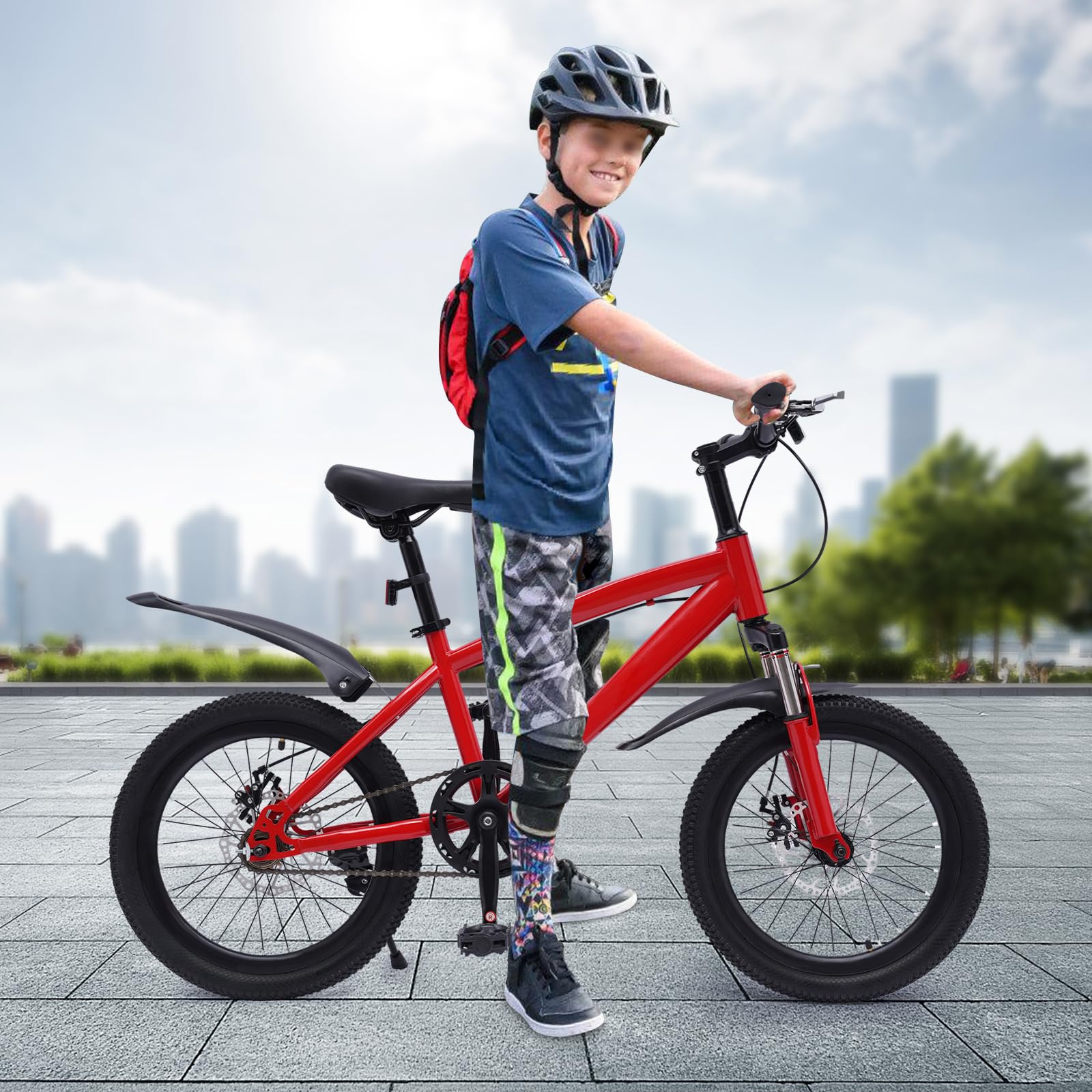 18 Pollici Mountain Bike Bici per Bambini Adatto Ragazzi Ragazze Donne Uomini Superficie PU Imbottitura Spugna Alta Acciaio al Carbonio Ruote Gomma (Rosso e Nero)