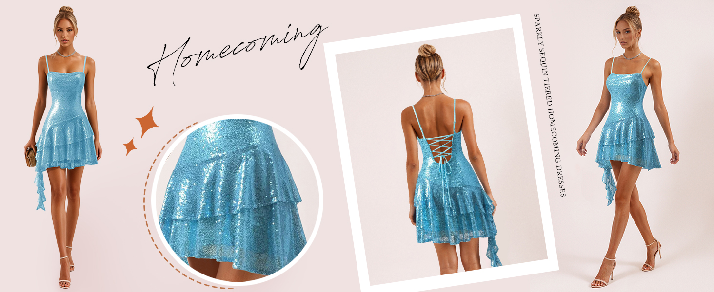 Amazon.com: Fashionbride Tiered Sequin Homecoming Dress Aqua Ruffle Cowl  Neck Homecoming Dresses for Teens Bodycon Mini Cocktail Party Gowns Petite  US0 : Clothing, Shoes & Jewelry