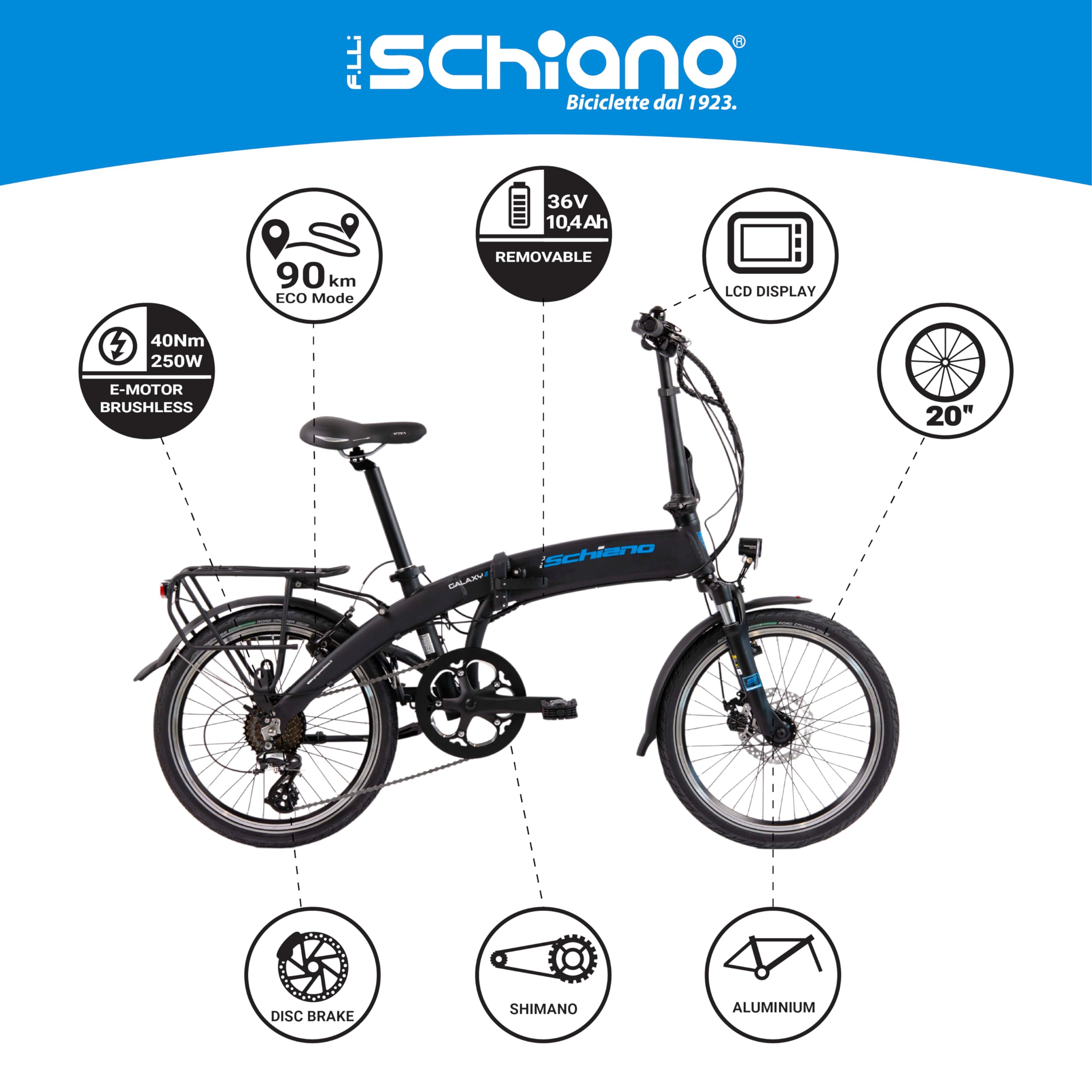 F.lli Schiano Galaxy, Bici Elettrica Pieghevole 20 Inches per Adulti, 36V 10.4Ah Batteria Rimovibile, Motore 250W 40Nm, City Ebike