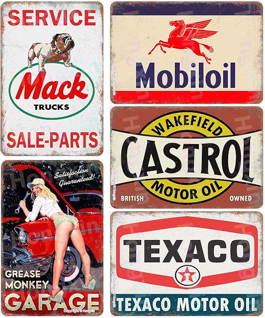 HONGXIN Auto Motorcycle Oil Gasoline Vintage Metal Signs Retro Poster Gasoline Garage Workshop Man Cave Bar Wall Decor 8 × 12 Inch - 5 PCS