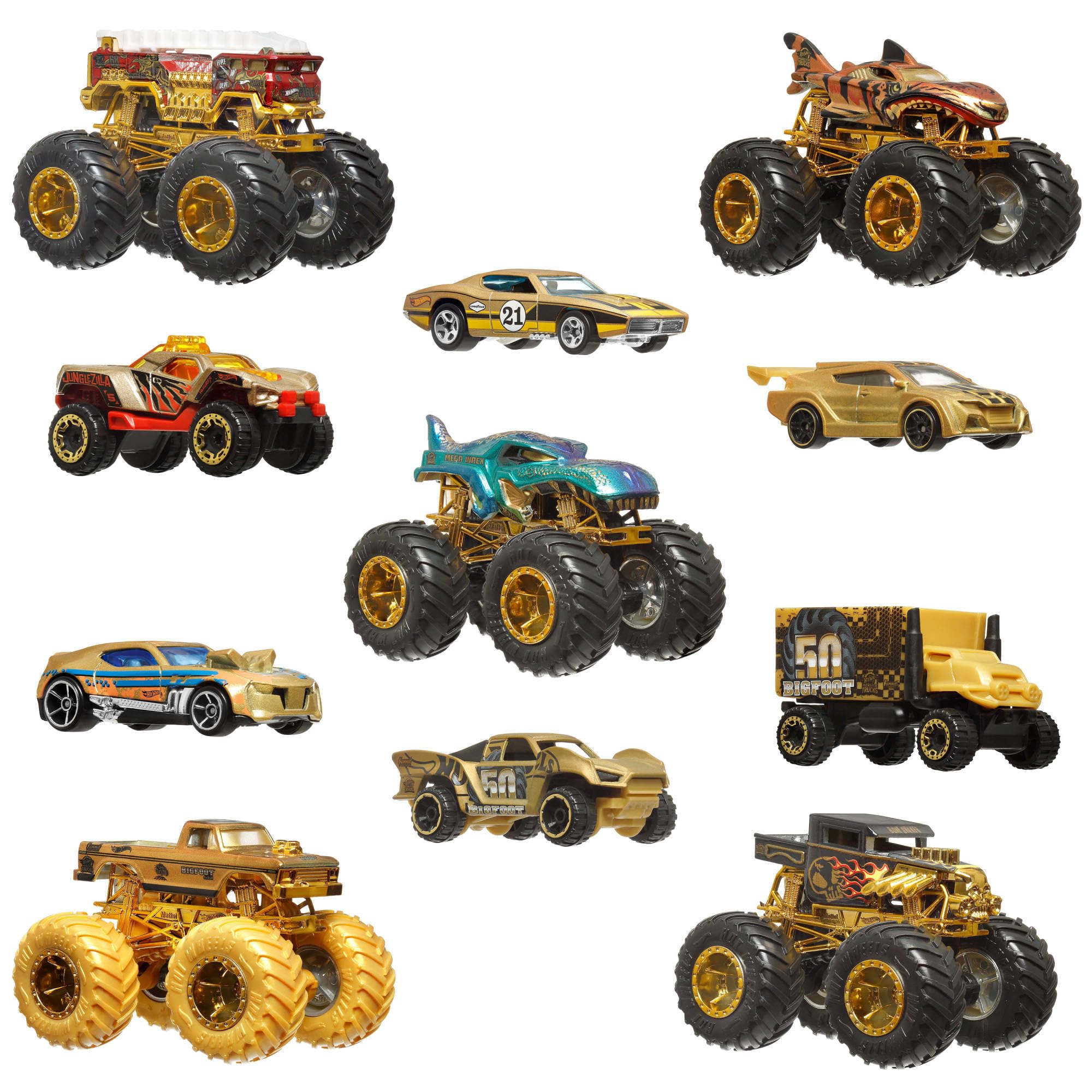 Hot Wheels Toy Cars & Trucks, Monster Trucks Trophy Champions Collection with Die-Cast Bigfoot, 5-Alarm, Bone Shaker - Image 4
