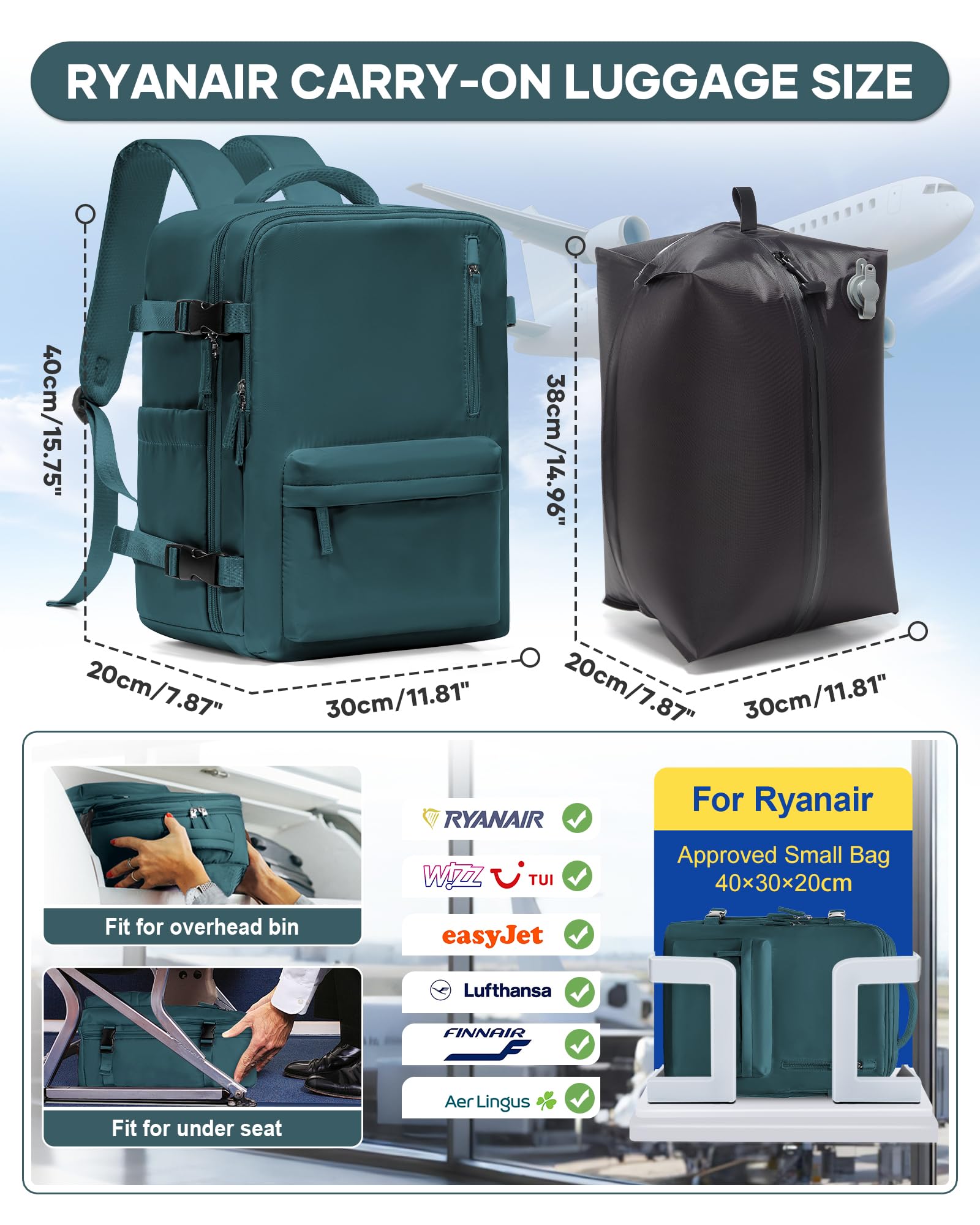 BJLFS Zaino Ryanair 40x30x20 Sottovuoto con Pompa Zaino da Viaggio Ryanair 40x20x25 Borse da Cabina per Wizzair Bagaglio a mano Easyjet 45x36x20 Sottovuoto Zaino Casual per Laptop verde