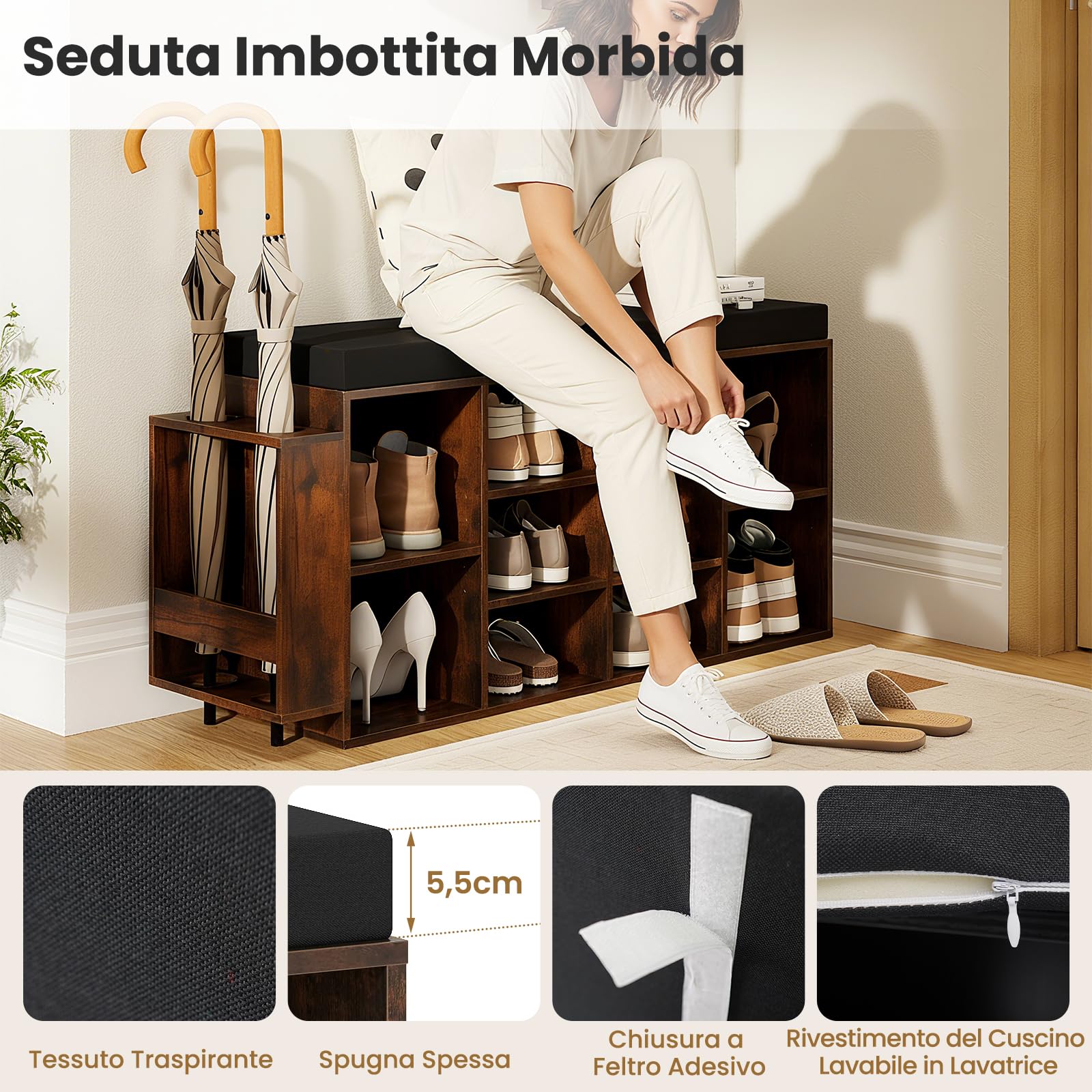 COSTWAY Panca Porta Scarpe con Portaombrelli, Scarpiera da Ingresso a 10 Scomparti con Seduta Imbottita, Ripiani Regolabili e Removibili per Corridoio, Soggiorno e Camera da Letto (Marrone)