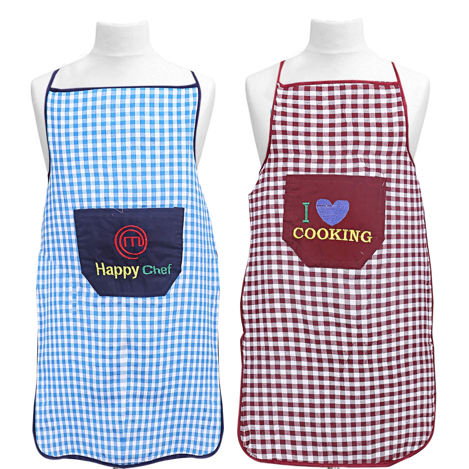 Kuber Industries Checkered Design Cotton 2 Pieces Waterproof Apron with Front Pocket (Blue and Maroon), CTKTC13750