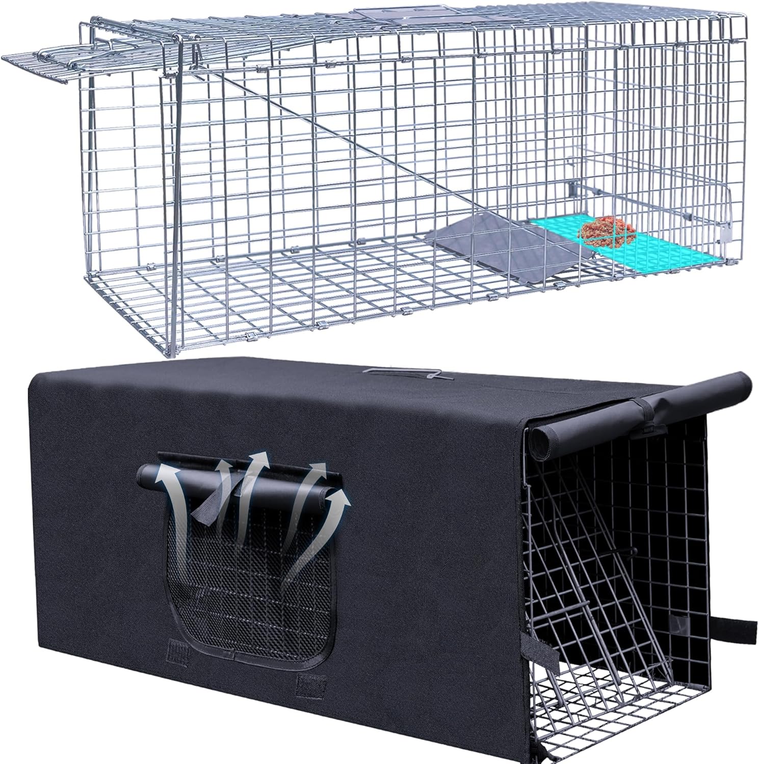 Live Animal Trap Cage with Cover, Cat Trap for Stray Cats 32 Inch Heavy Duty Folding Skunk Traps with Real Door for Raccoons, Opossums, Groundhogs, Skunks, Feral Cats, Squirrels-(32 x 10 x 12 inches) TRAP+BLACK COVER
