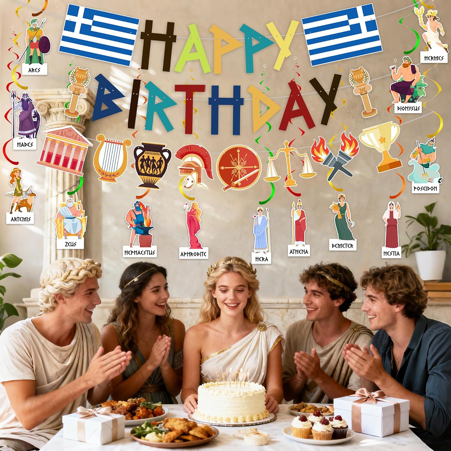 Happy Birthday Greek Mythology Decorations - Percy Jackson Party Decoration with Banner Garland Swirl Hangings, Ancient Greece Theme Party Supplies for Birthday Baby Shower