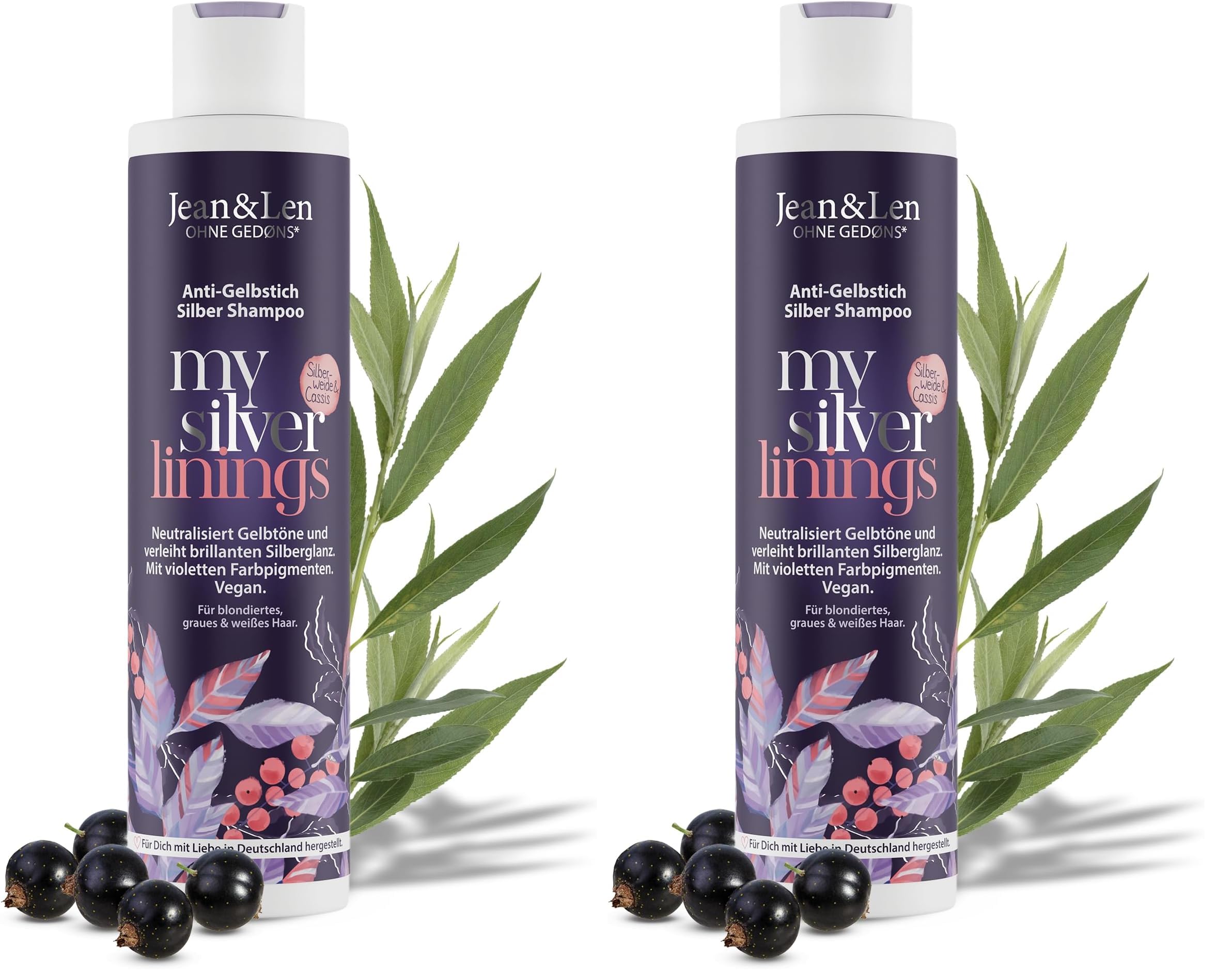 Jean & Len Silbershampoo Silberweide & Cassis, vegane Pflegeformel, für graues, blondes, blondiertes & weißes Haar, mit violetten Pigmenten & Anti-Gelbstich-Effekt, ohne Parabene & Silikone, 300 ml