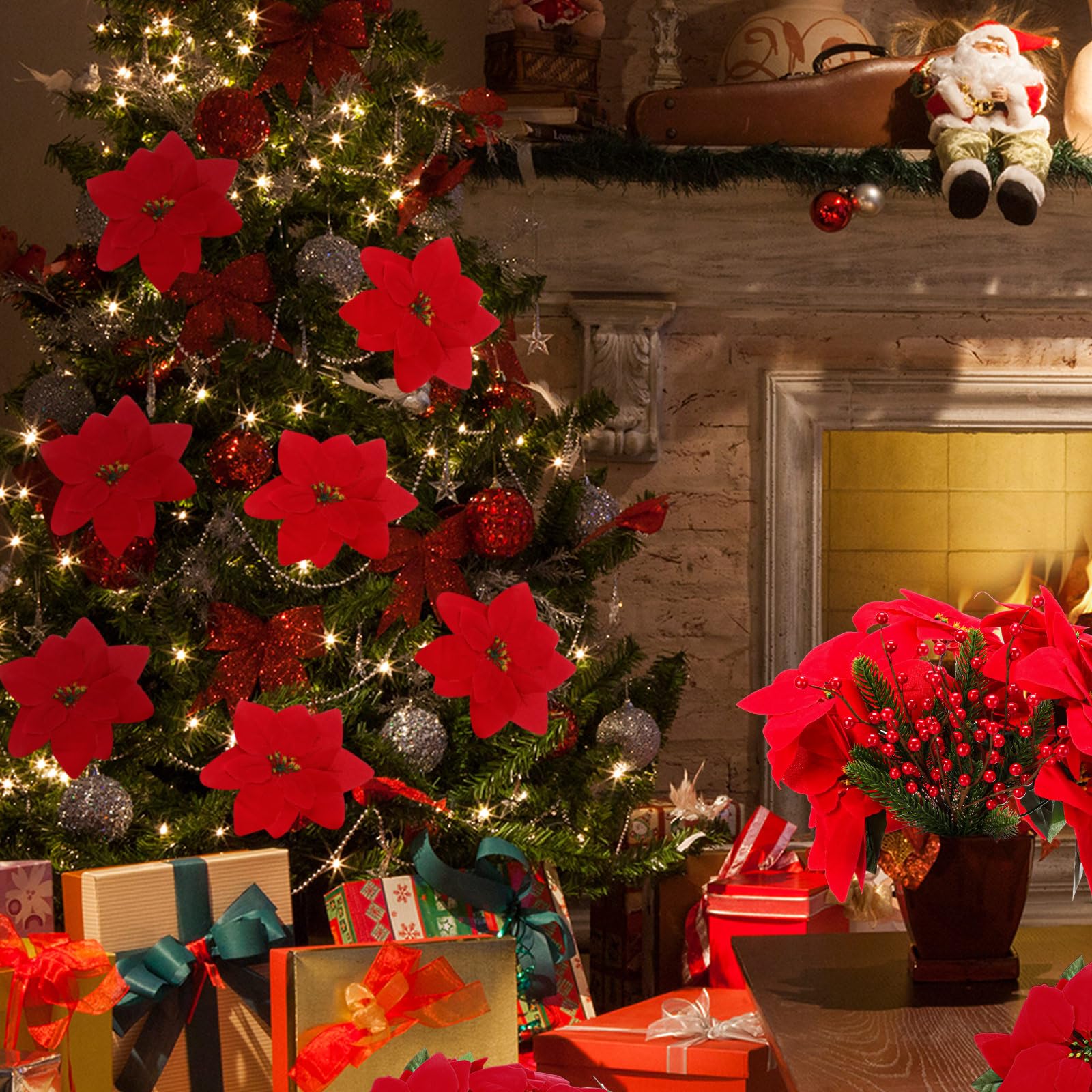 Hotop Paquete de 12 ramas artificiales de pino de Pascua de 14 pulgadas con bayas rojas, flores artificiales de Navidad para interiores y exteriores, adorno de árbol de Navidad, decoración del porche