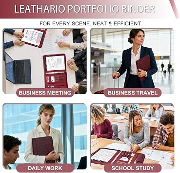 Leathario Portfolio Binder, Padfolio Organizer, 3 Ring Binder with Zipper | Includes Pen and 10 Sheet Protectors, Fits 13 in Tablet, Vegan Leather, for Business Resume Office Professional Men and Women