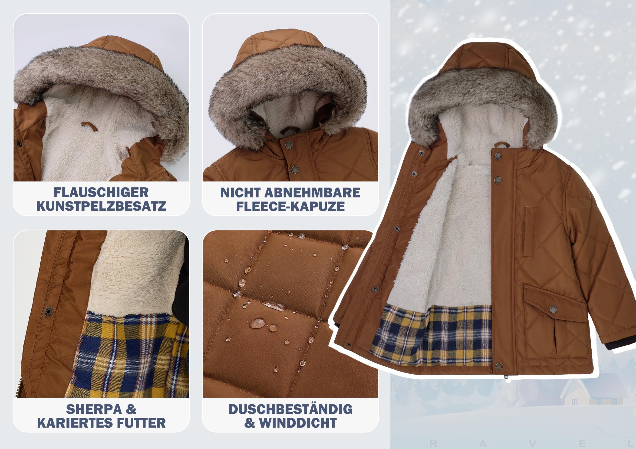 maoo garden Kleinkind Jungen Sherpa gefütterte Winterjacke 3-7 Jahre Kleine Kinder Geschwollene Fellkapuze Wasserabweisender Mantel