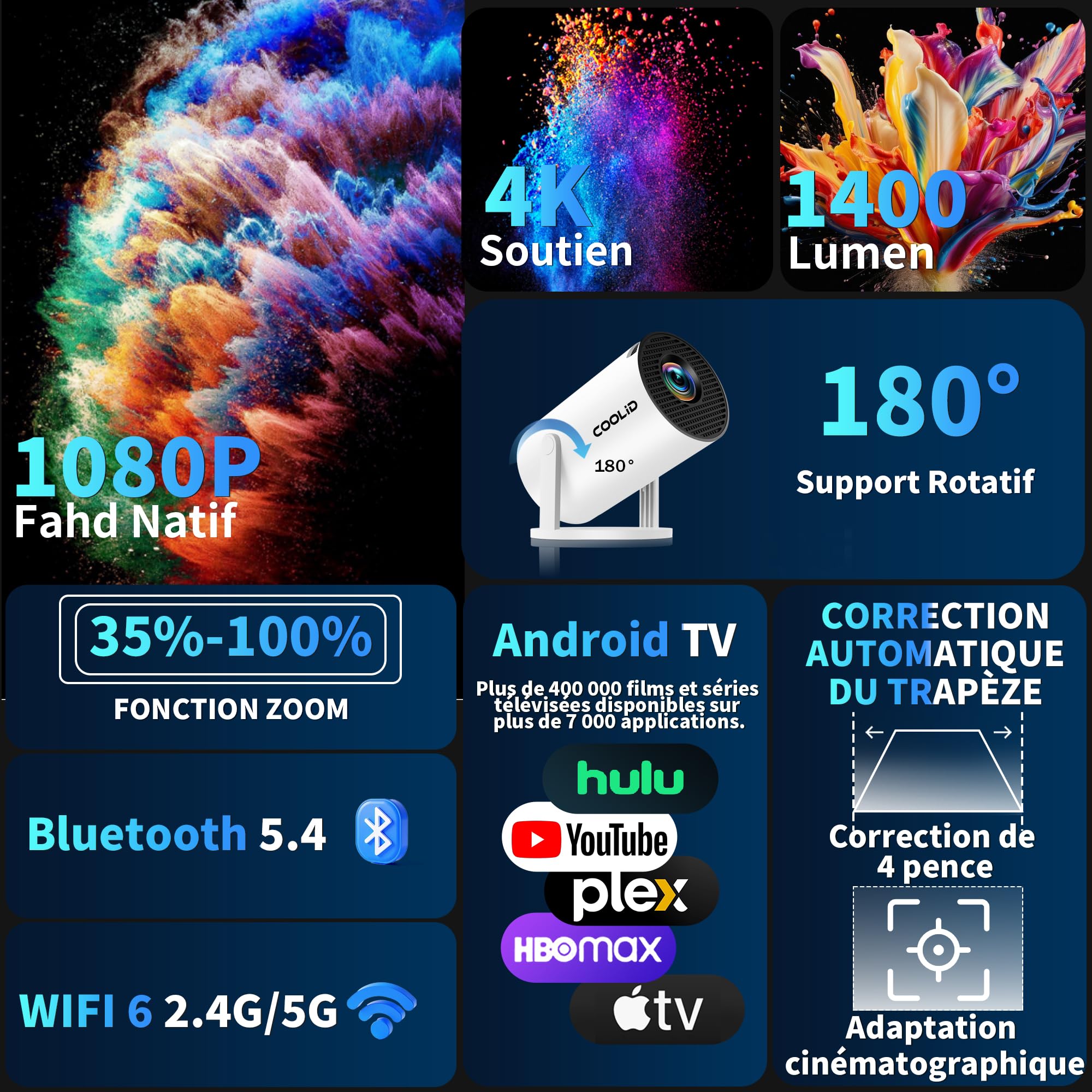[Apps intégrées & 2026 Upgraded] Mini Vidéoprojecteur Supporte 4K 1080P avec 5G WiFi 6 Et BT 5.2 Le Projecteur Soutien Rotation 180° Portable Projecteur Video Applicable Laptop/HDMI/TV Stick,Blanc