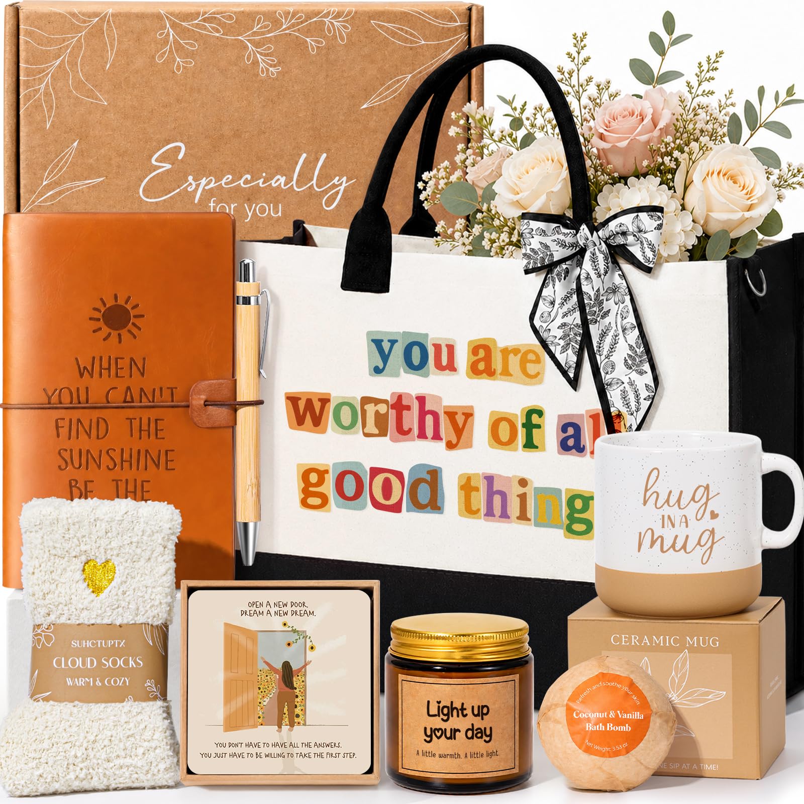 Suhctuptx Inspirational Gifts for Women, Birthday Gifts for Women, Motivational Encouragement Gifts Cheer Up Christmas Ideas with Affirmations Cards Tote Bag Mug for Her Sister Best Friend Coworker
