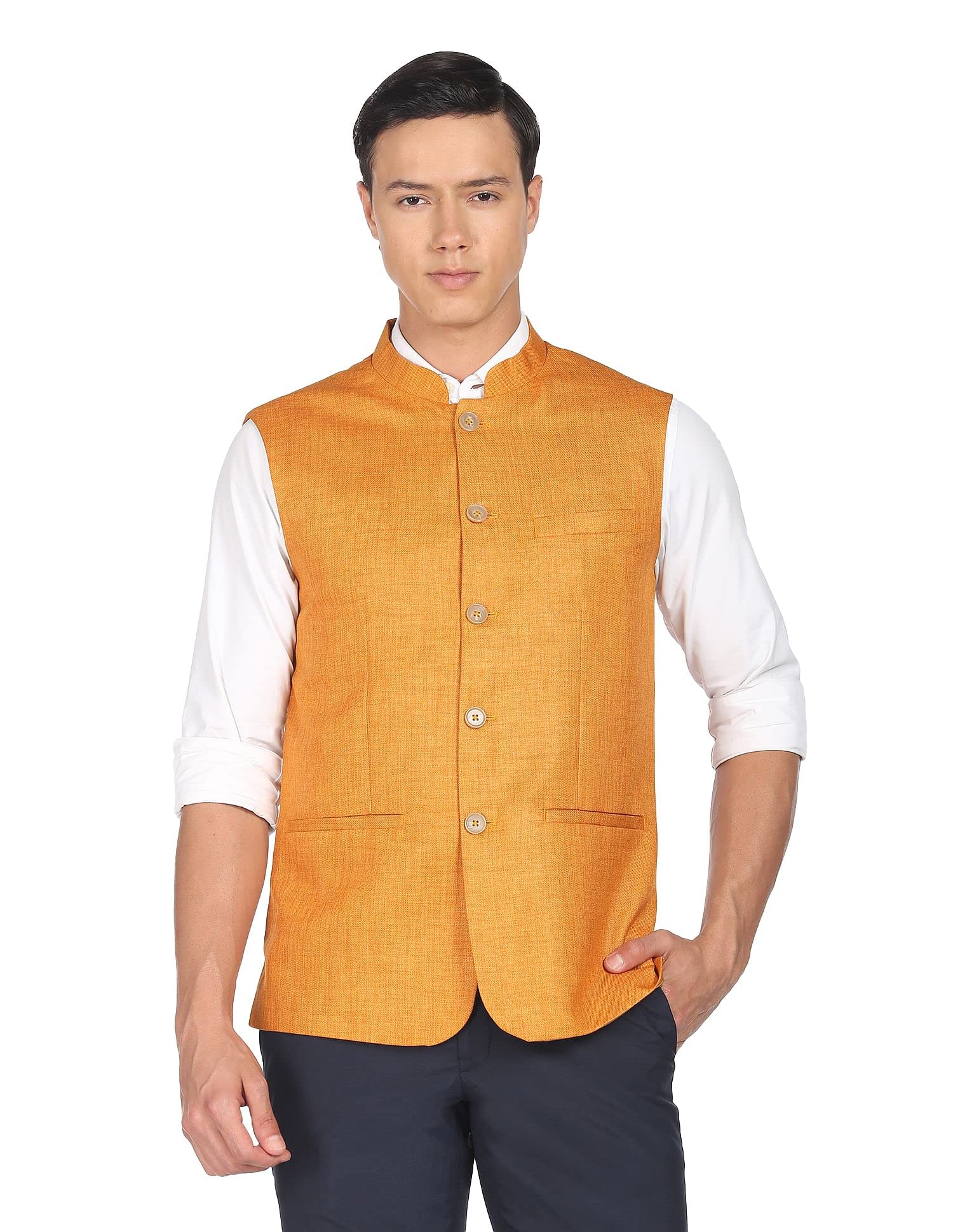 arrow Men Mustard Mandarin Collar Heathered Nehru jacket-picture-53