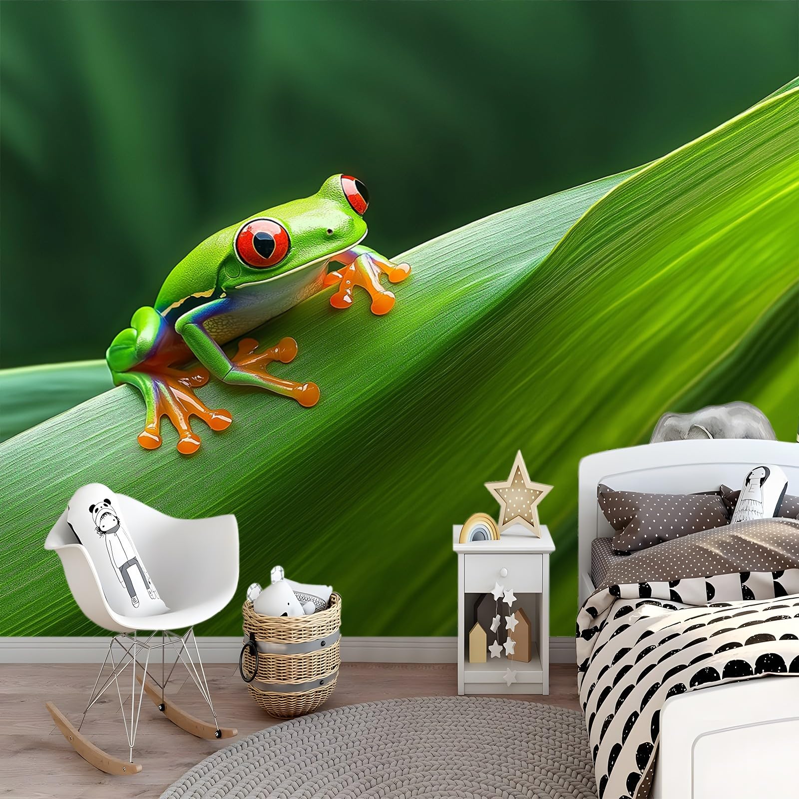 Panoramiczna tapeta ze zwierzętami żaba zbliżenie zielony czerwony 200 x 140 cm (szer. x wys.), niestandardowy gigantyczny plakat ścienny 3D, do dekoracji ścian pokoju dziecięcego, nowoczesne
