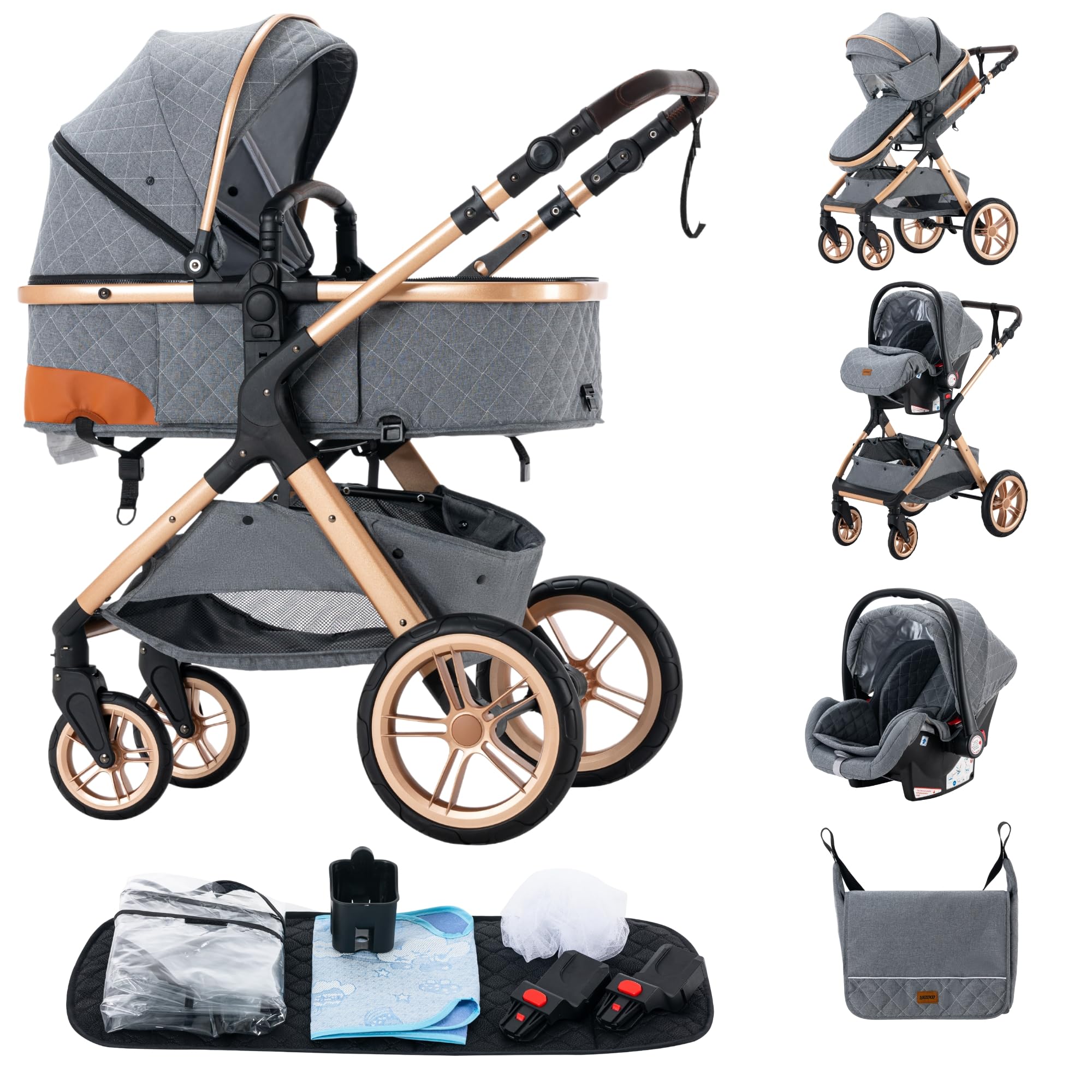 ALYIKOU kinderwagen 3 in 1 Zusammenklappbarer Kinderwagen KombiKinderwagen Aluminiumrahmen für Neugeborene Getränkehalter Moskitonetz Regendecke Sitz Windelbeutel