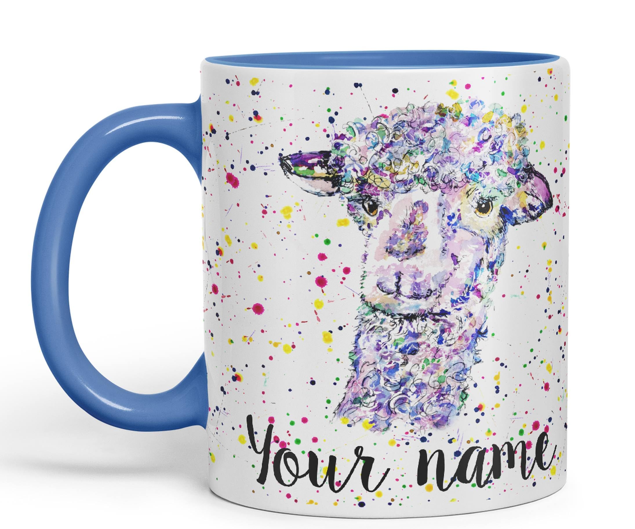 Vixar Personalised with Your Text Llama glama Animals Watercolour Art Coloured Ceramic Mug Cup Gift 330ml 11oz Custom Work Office Tea Coffee (C Blue)