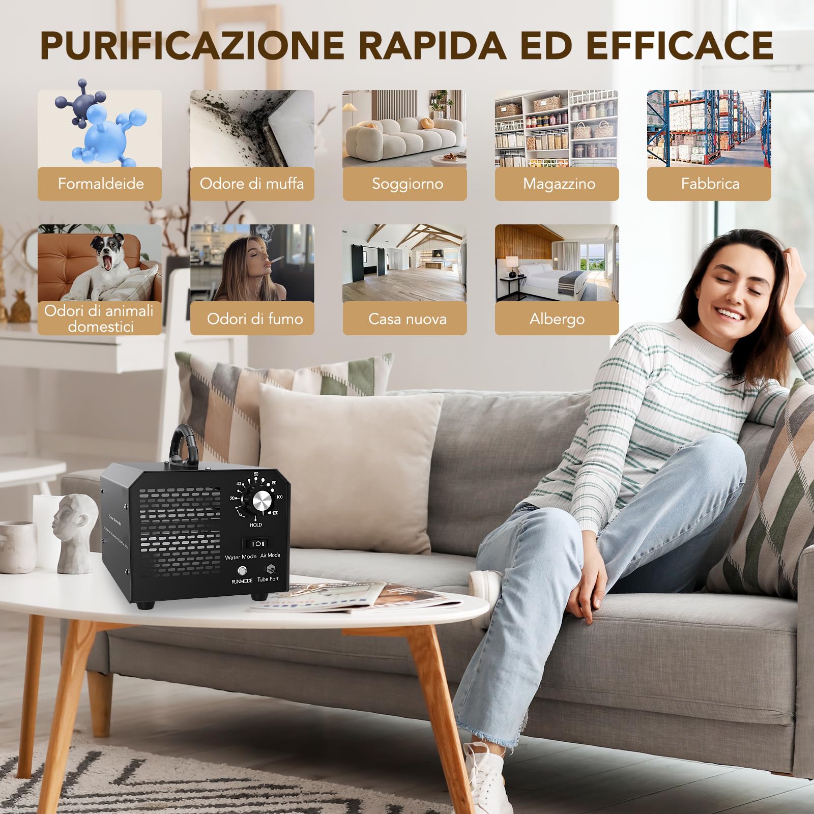 Generatore di Ozono per Acqua e Aria, 30,000 mg/h Purificatore d'aria Deodorante per 300㎡, Ozonizzatore Portatile con Timer per Abitazioni, Uffici, Ristoranti, Hotel, Bagni, Fumo, Animali Domestici