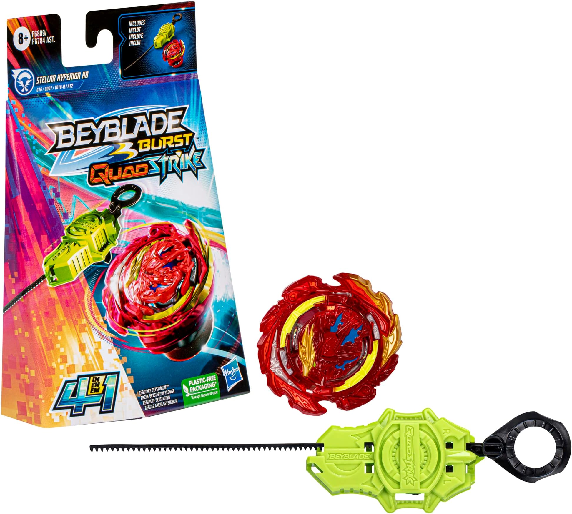 Beyblade Burst QuadStrike Stellar Hyperion H8 Spinning Top Starter Pack, Attack/Defense Type Battling Game with Launcher, Kids Toy Set