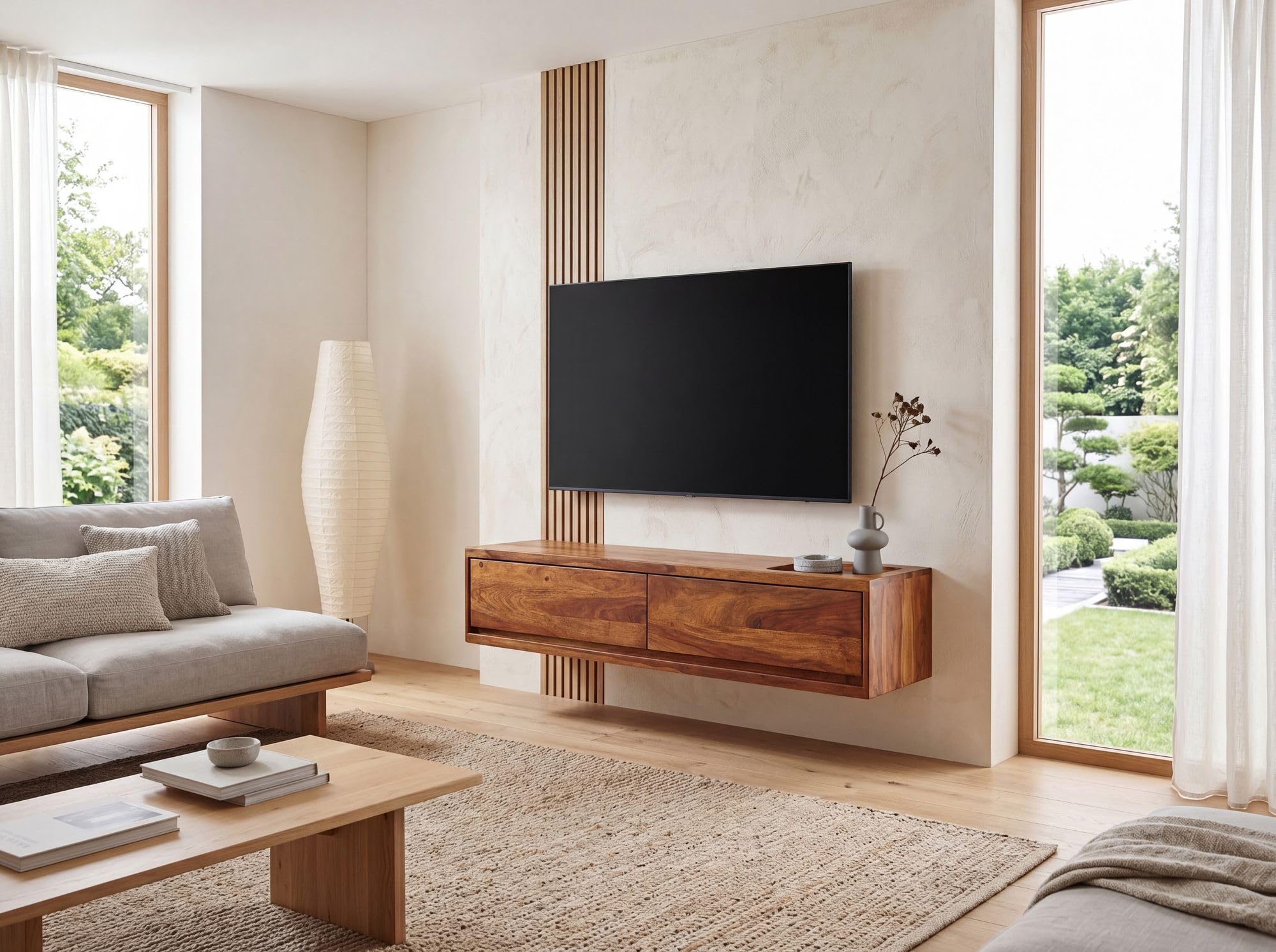 FineBuy Mueble TV Lowboard Colgante Mango Madera Maciza 108x25x34 cm Marrón | Soporte de TV de Diseño Moderno | Mueble de televisión de Pared