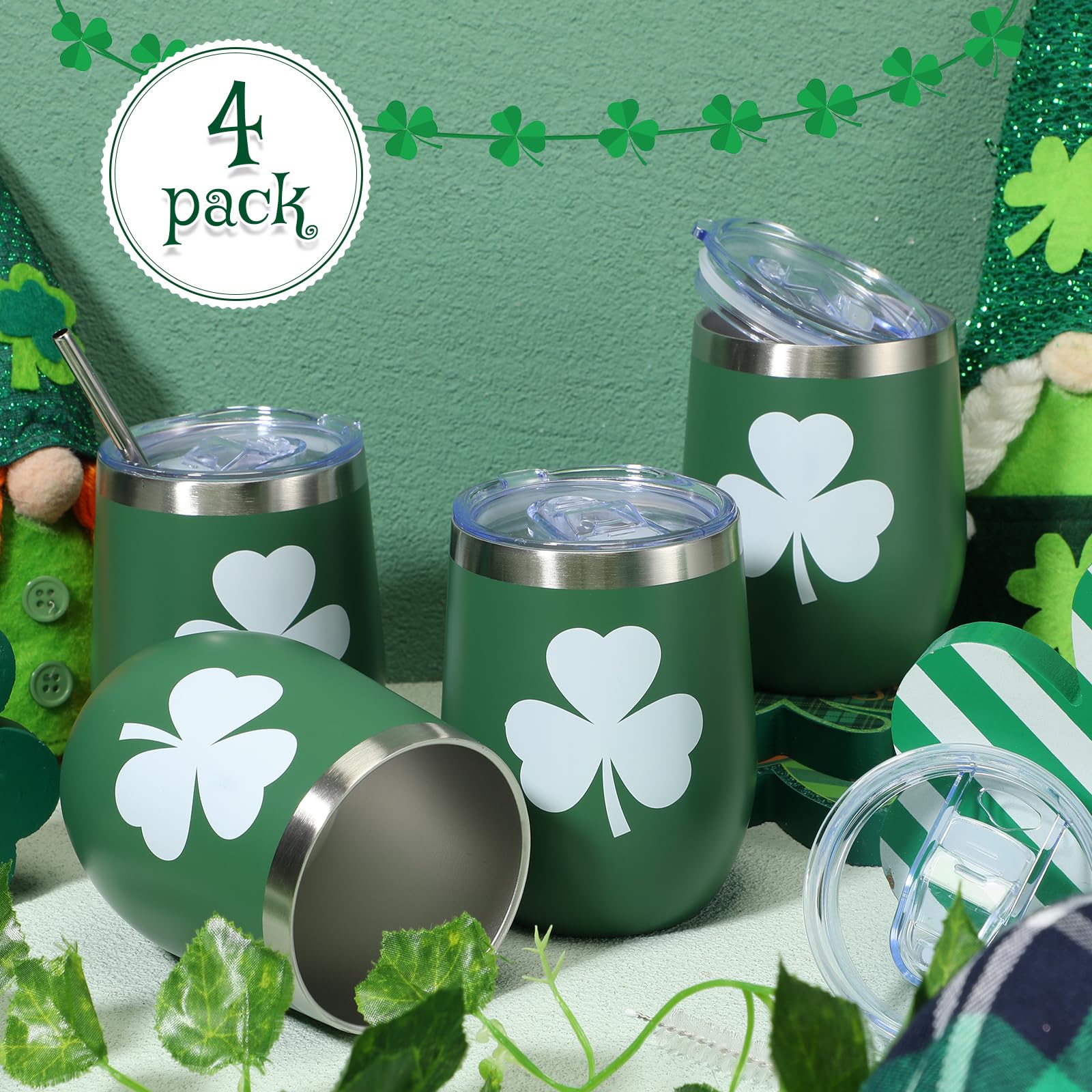 Patelai Lot de 4 gobelets en acier inoxydable avec couvercle, tasse à vin de voyage, bouteille de thé, tasse à café isotherme double couche (355 ml)