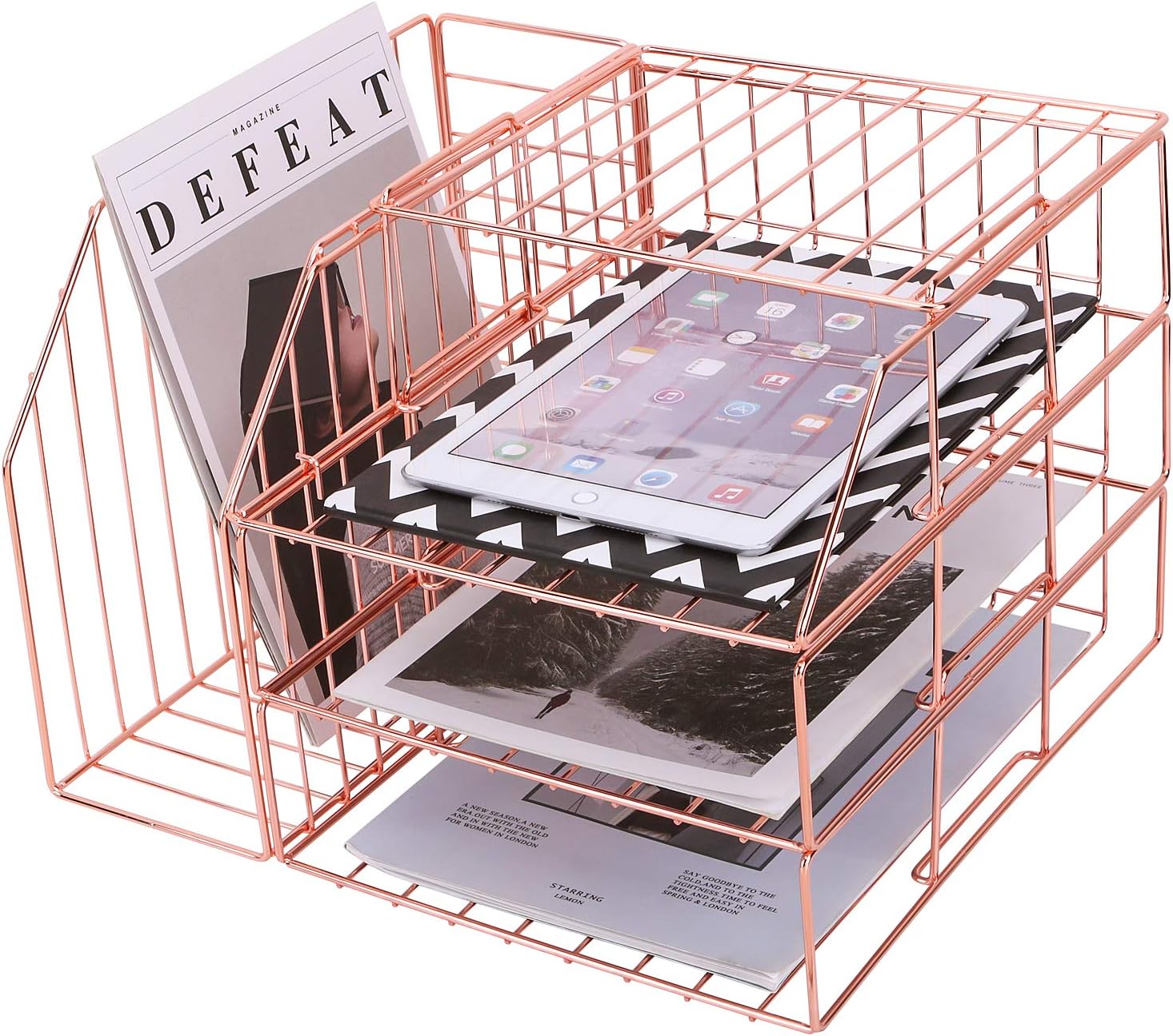 Stackable Paper Tray, Desk File Organizer Rack for Office Supplies and Accessories, 3-Tier Letter Tray Plus Display Shelf and Magazine Holder, Rose Gold