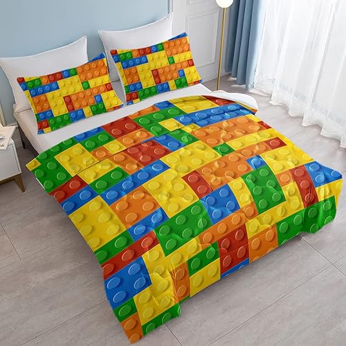 Miniatura 2 de Juego de edredón de juguete colorido California King, amarillo y verde, divertido juego de ropa de cama de bloques de construcción para niños,
