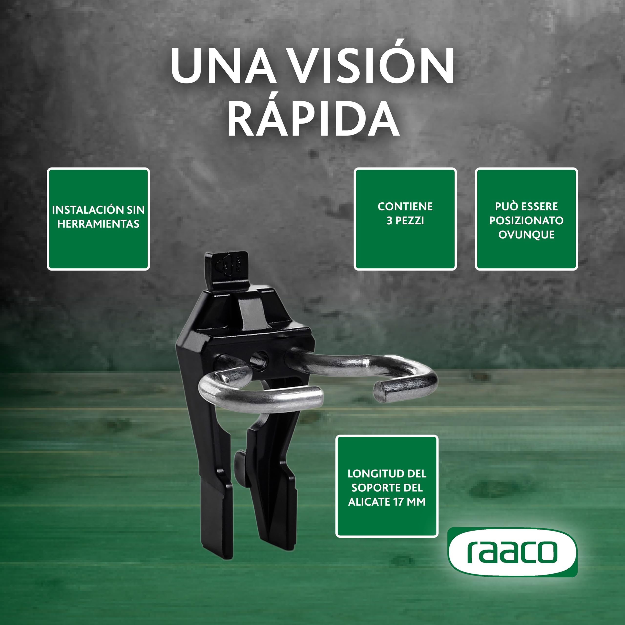 Raaco Clip Porta-Pinzas 5-17 para Panel Perforado y Pared de Herramientas, Longitud de 17 mm, Ideal para Colgar Herramientas, Set de 3 Ganchos Duraderos en Acero y Poliacetal