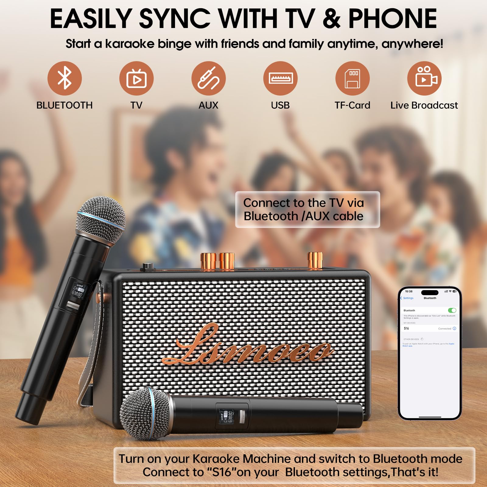 Tragbare Karaoke Maschine Anlage mit 2 Drahtlosen Mikrofonen für Erwachsene & Kinder Bluetooth Lautsprecher Unterstützt Vier-Kanal-Mikrofonerweiterung für Hauspartys,Picknicks/Vintage-Geschenke
