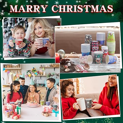 Miniatura 5 de 120 vasos de papel desechables de Navidad, taza de café de 9 onzas, taza de té con 10 diseños navideños, taza de chocolate caliente de Navidad,