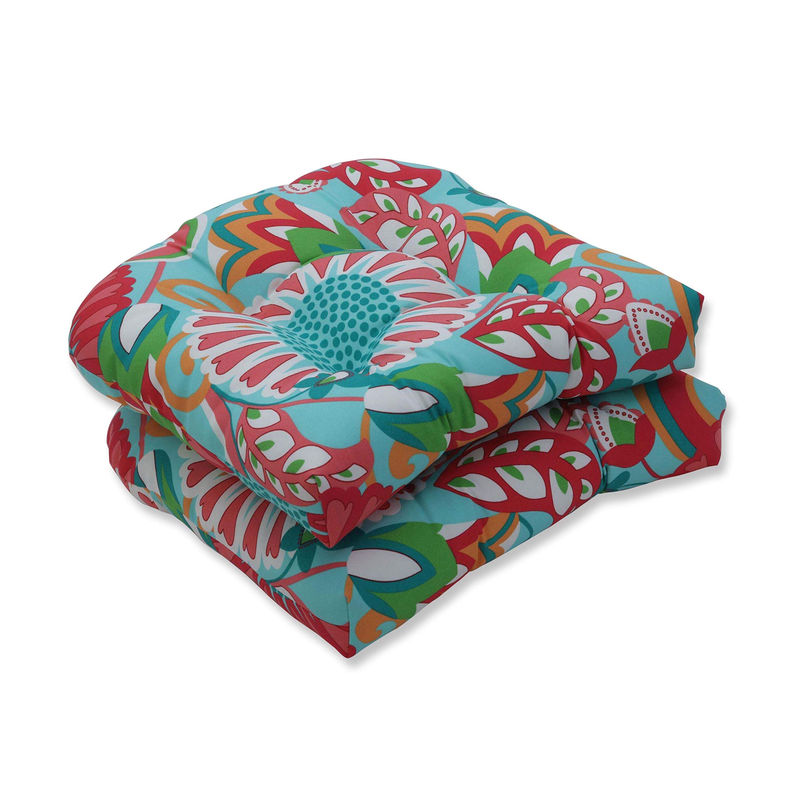Pillow Perfect Bright Floral Indoor/Outdoor Chair Seat Cushion, Tufted, Weather, and Fade Resistant, 19" x 19", Green/Pink Sophia, 2 Count