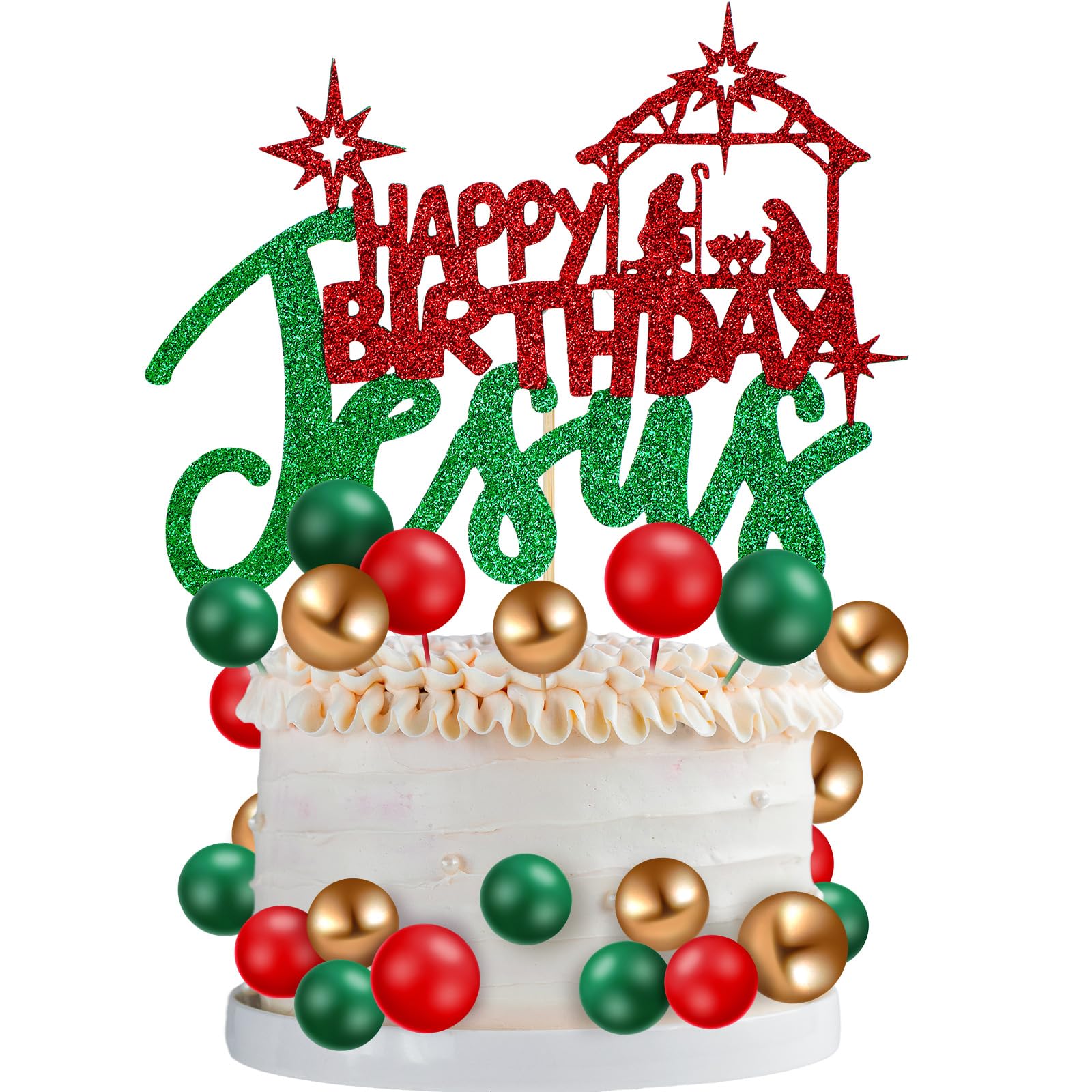 Cinnvoice 31 piezas de decoración para tartas de Navidad con purpurina de Jesús, decoración de pastel de bola, verde, rojo, dorado, belén, decoración para Navidad, vacaciones, boda, aniversario,