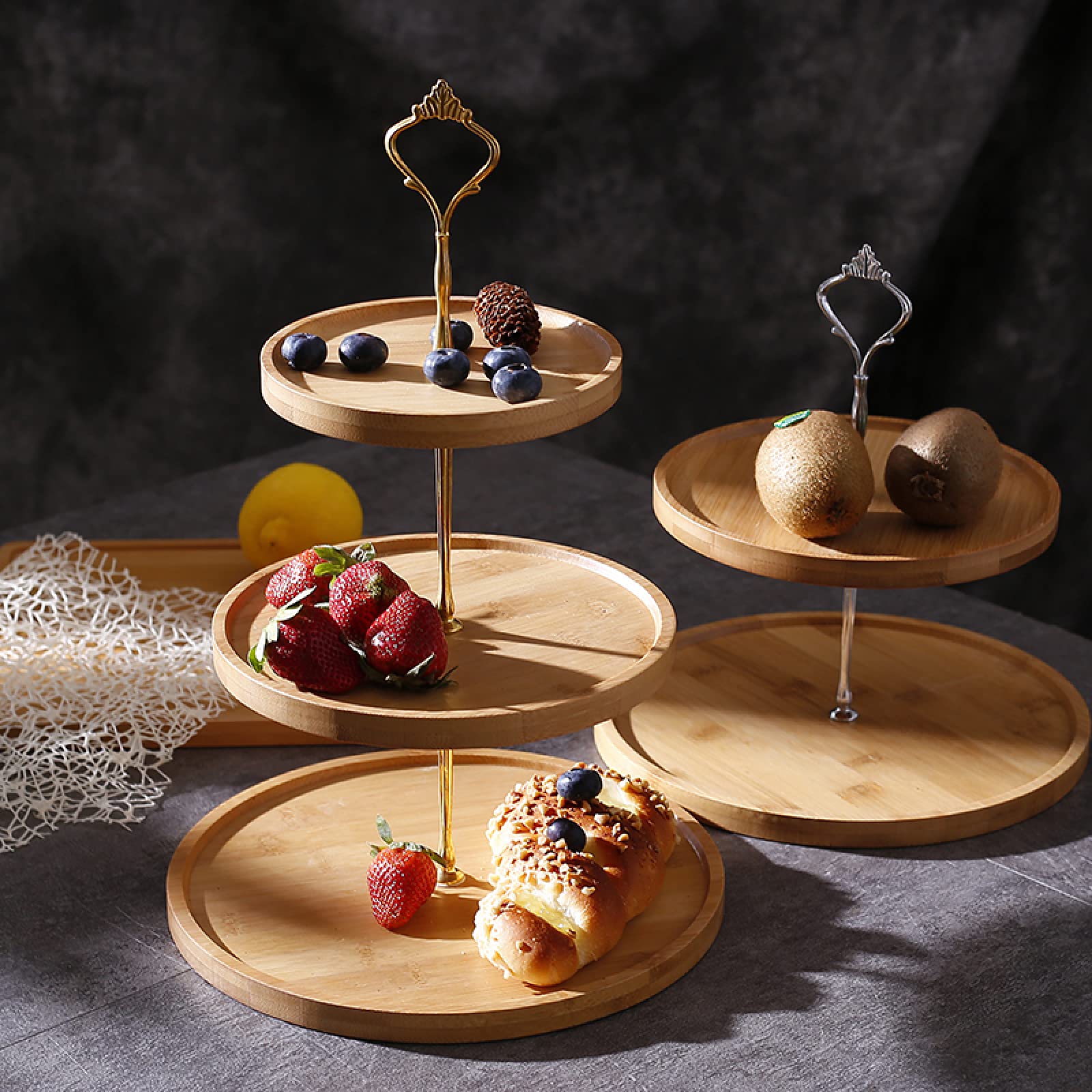 ZXCVB Alzata per Torta in bambù A 3 Livelli,per Frutta E Dolci Vassoi,Multiuso E Frutta Vassoio da Portata, per Matrimoni Feste Cene Compleanni Ristoranti,Naturale, Marrone,Gold-3 Layers